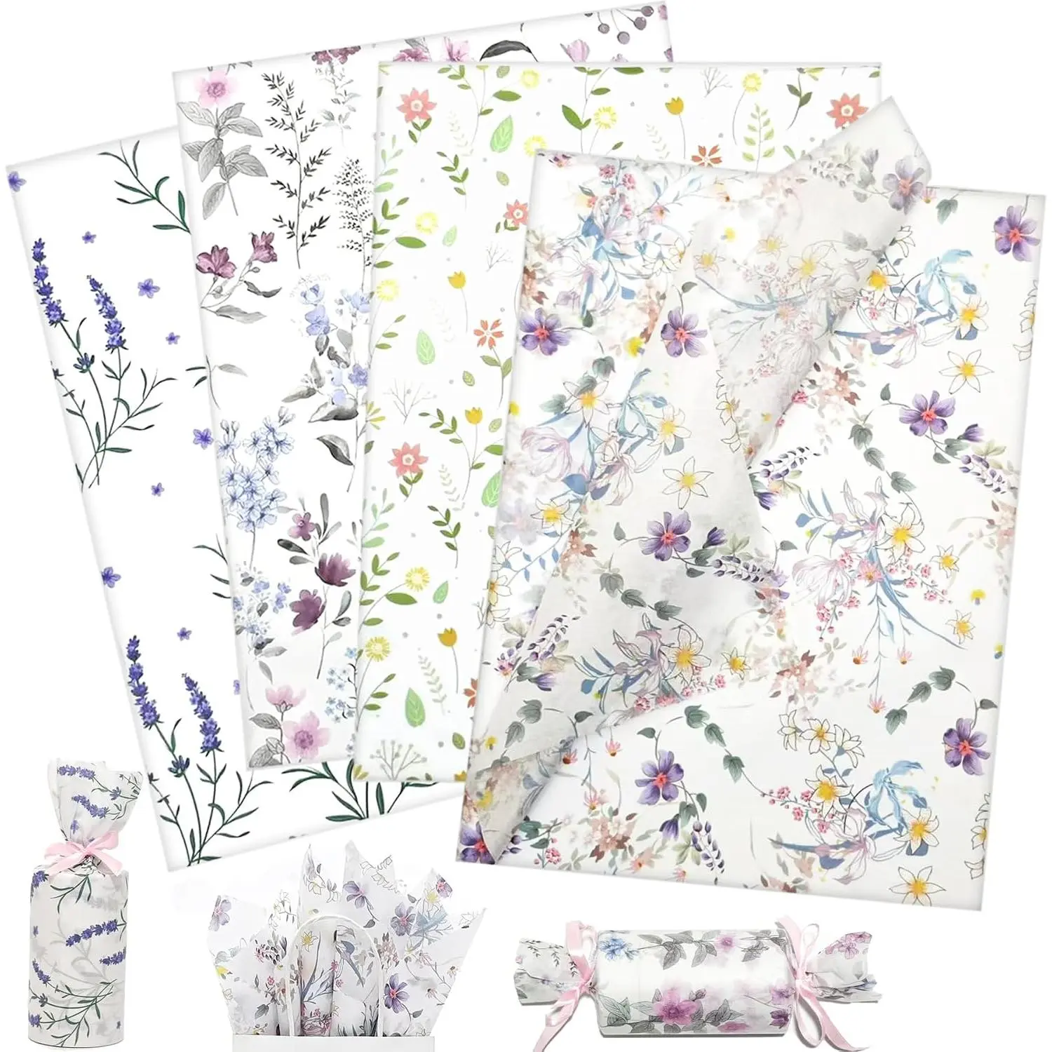 60 Sheets Floral Tissue Paper, Vintage Wildflower Gift Wrapping Tissue Paper for Gift Bag & Packaging, Watercolor Art Tissue Ideal for Wedding Birthday Party Decor Box basket Fillers,20x14in