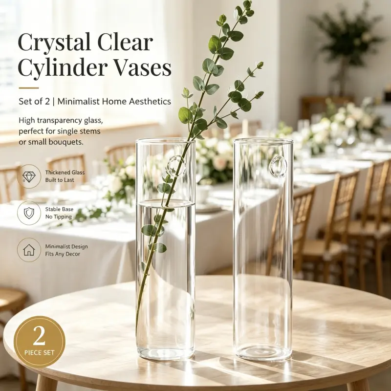 2 Count Crystal Clear Cylinder Glass Flower Vase Thickened Wear Resistant Glass Stable Flat Base Simple Modern Decor Vase For Table Display