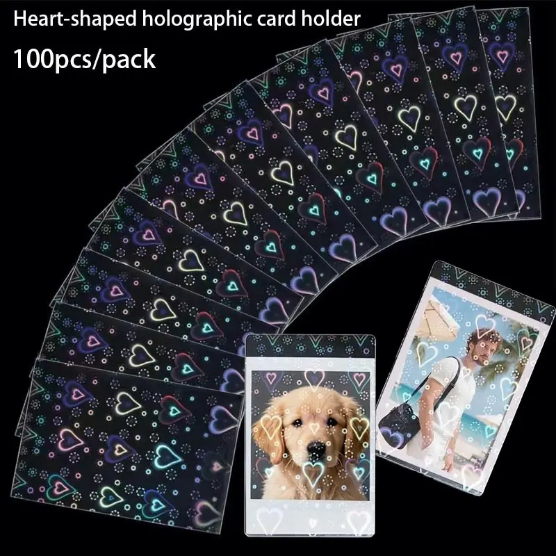 Heart Pattern Photocard Sleeve, 100pcs/pack Laser Card Sleeve, Polypropylene Flashing Holographic Card Sleeves, Holographic Film for Card Making, DIY Scrapbooking Supplies, Plastic Card Sleeves, Trading Card Sleeves