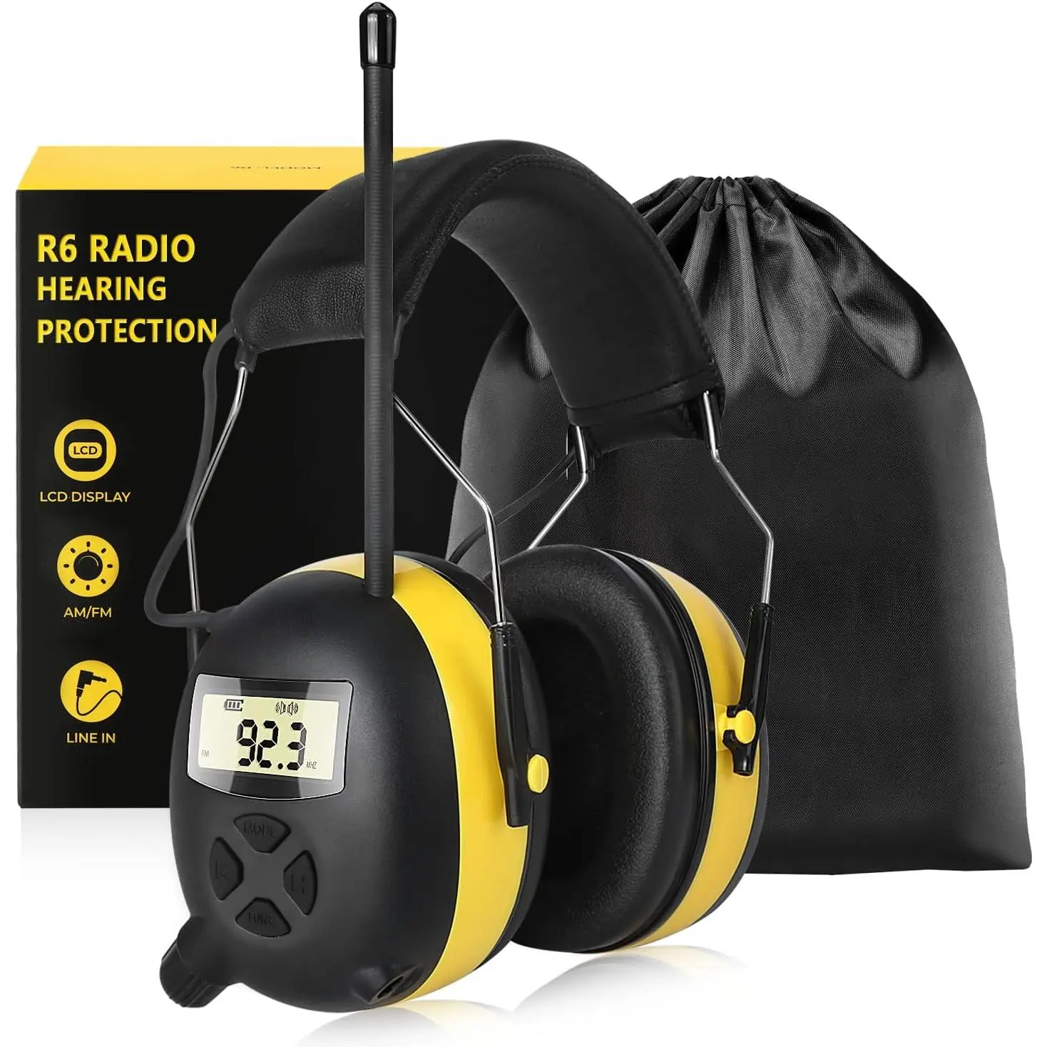 30dB AM/FM Radio Hearing Protection Ear Muffs with Digital Display, Hearing Safe Work Safety Earmuffs for Construction Crews, Outdoor Work, Black-Yellow