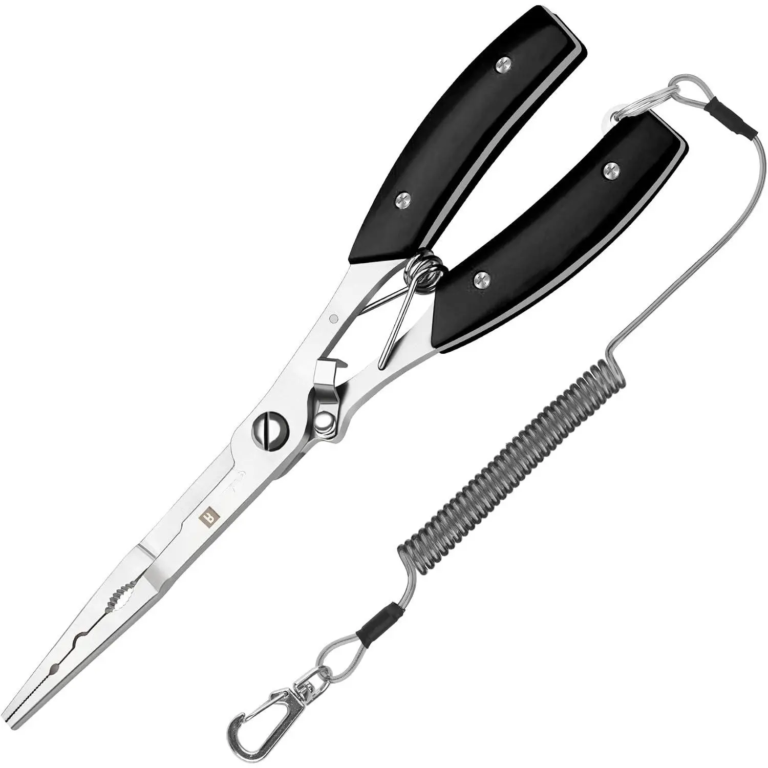 Pliers Hook Remover: 8" Long Nose Fish Pliers Stainless Steel for Saltwater - Braid Line Cutters with Coiled Lanyard and Safety Lock Design, Multi-Function  Tool For Men, H06