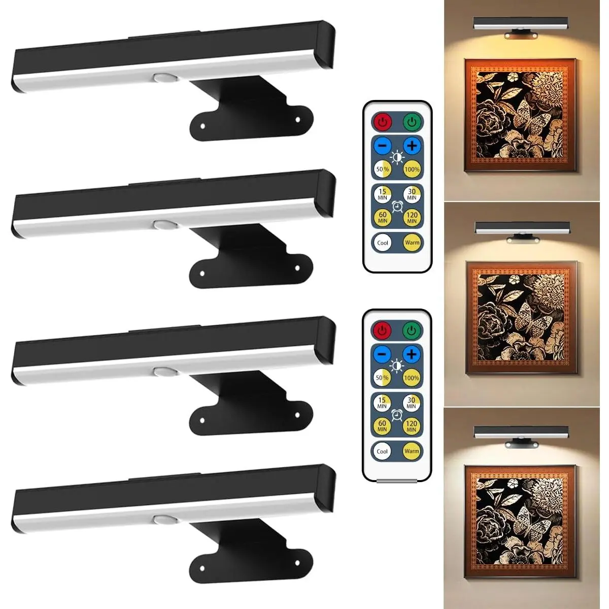 4Pack Wireless Picture Light with Remote,Battery Operated Wall Sconces for Wall Decor,3 Color Timer&Dimmable Paintings Light LED Art Display Lamp Picture Frame Light for Artwork Posters Gallery-Black