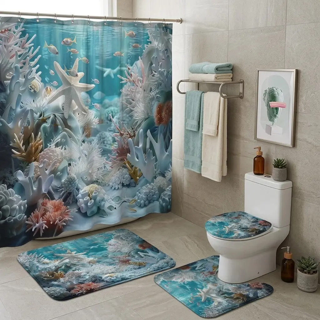 4Pcs Ocean Shower Curtain Set with Bath Mat, U-Shaped Toilet Rug & Toilet Lid Cover, Blue Coral Reef Underwater Aesthetic Bathroom Decor And Accessories, US Local Shipping