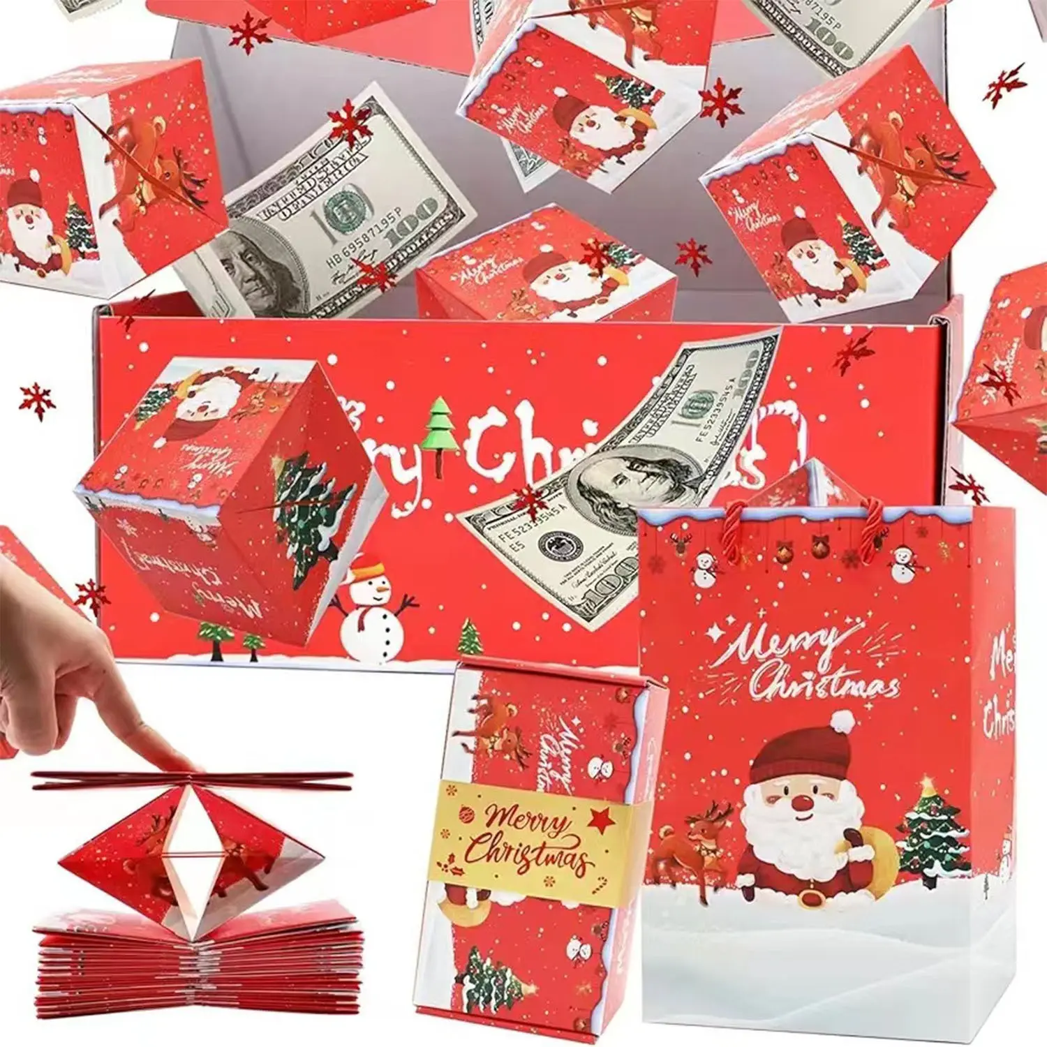 Christmas Surprise Gift Box - Explosion Gift Box with 12 Bounces, Money Surprise Box, Confetti Folding Gift Box, Unique Cash Gift for Birthday, Anniversary, Valentine's Proposal, and Holiday Celebrations