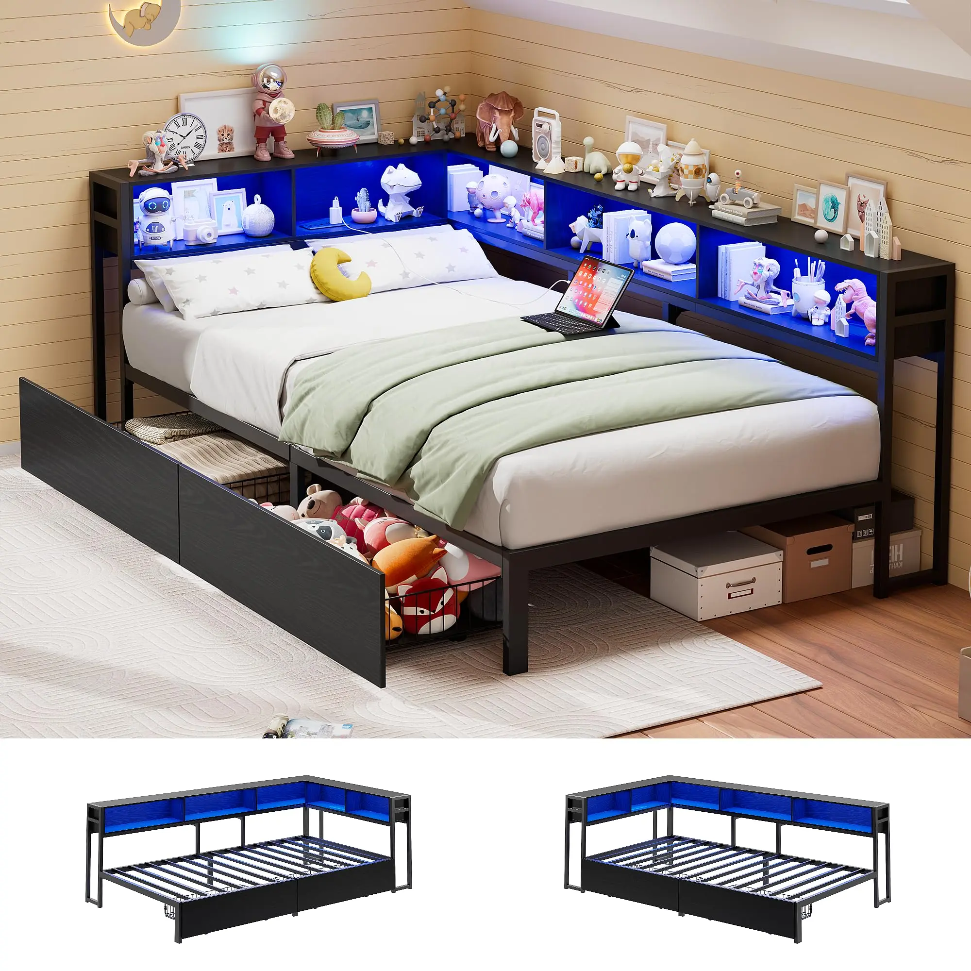 Twin Corner Bed Frame, Twin Size Platform Bed with Charging Station & LED Lights & 2 Storage Drawers & Bookcase Headboard, Modern Daybed for Kids, Teens & Guests