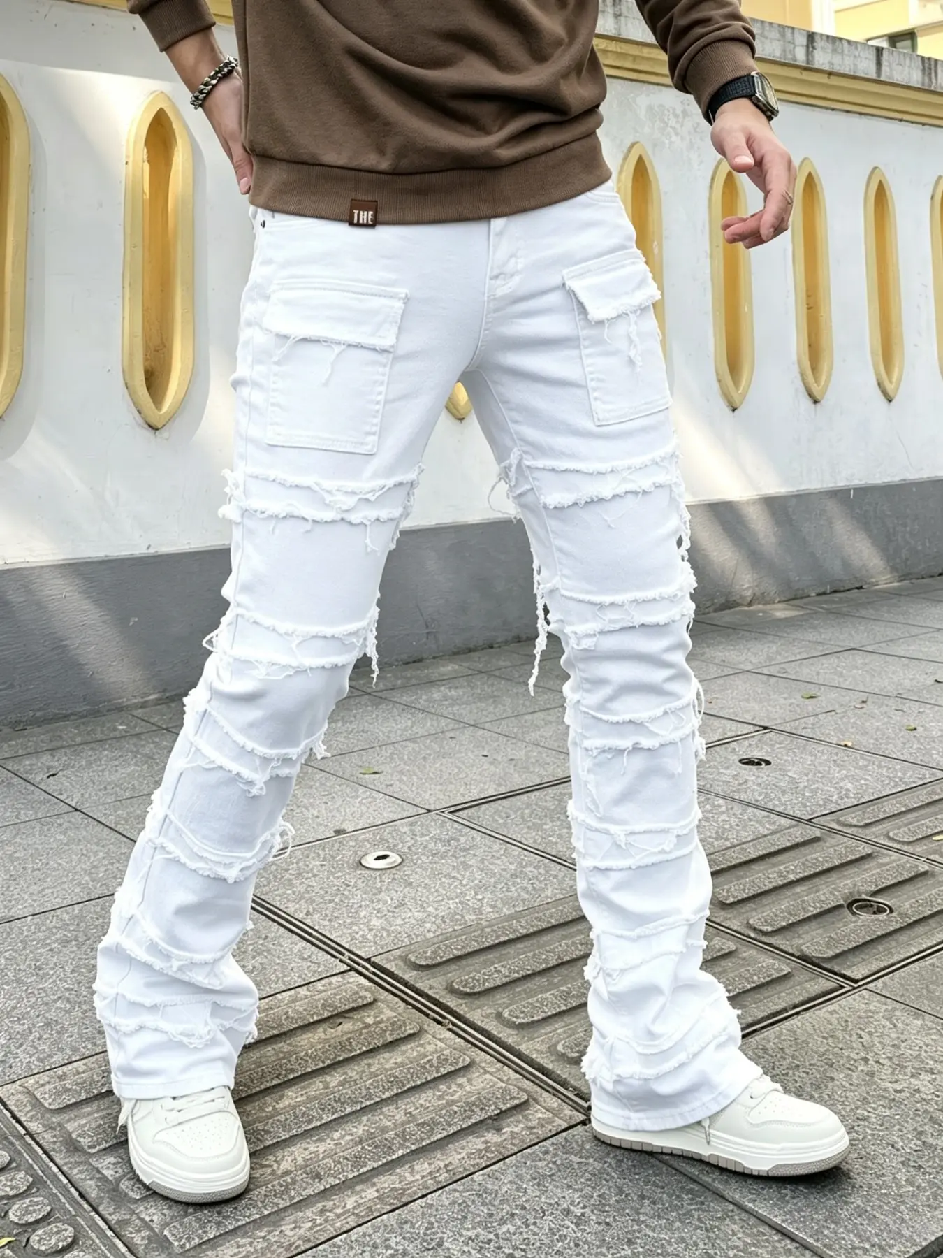 Men's White Multi-Layer Frayed Horseshoe Jeans, Fringe Ripped Cargo Pocket Slim Flare Pants, Streetwear Cool Hip-Hop Casual Stretch Denim Trousers, Cargos Jeans
