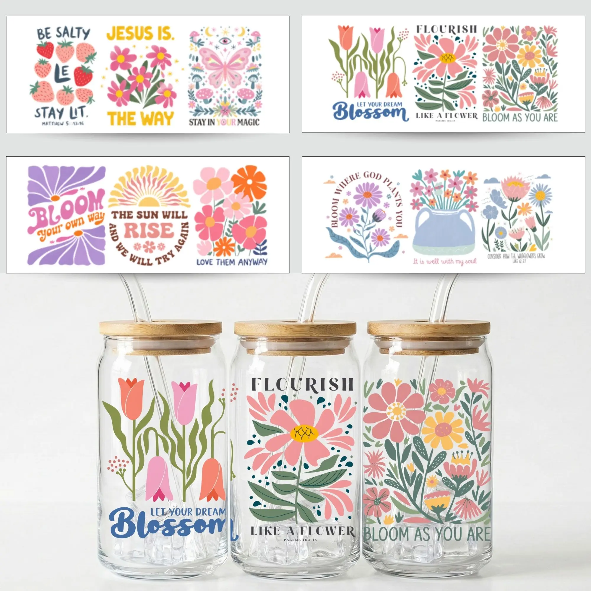 4pcs/set UV DTF Cup Wraps Decals, Decorative Decal, Waterproof Self-Adhesive Transfer Paper for Mugs & Bottles, High-Quality 3D Crystal Labels