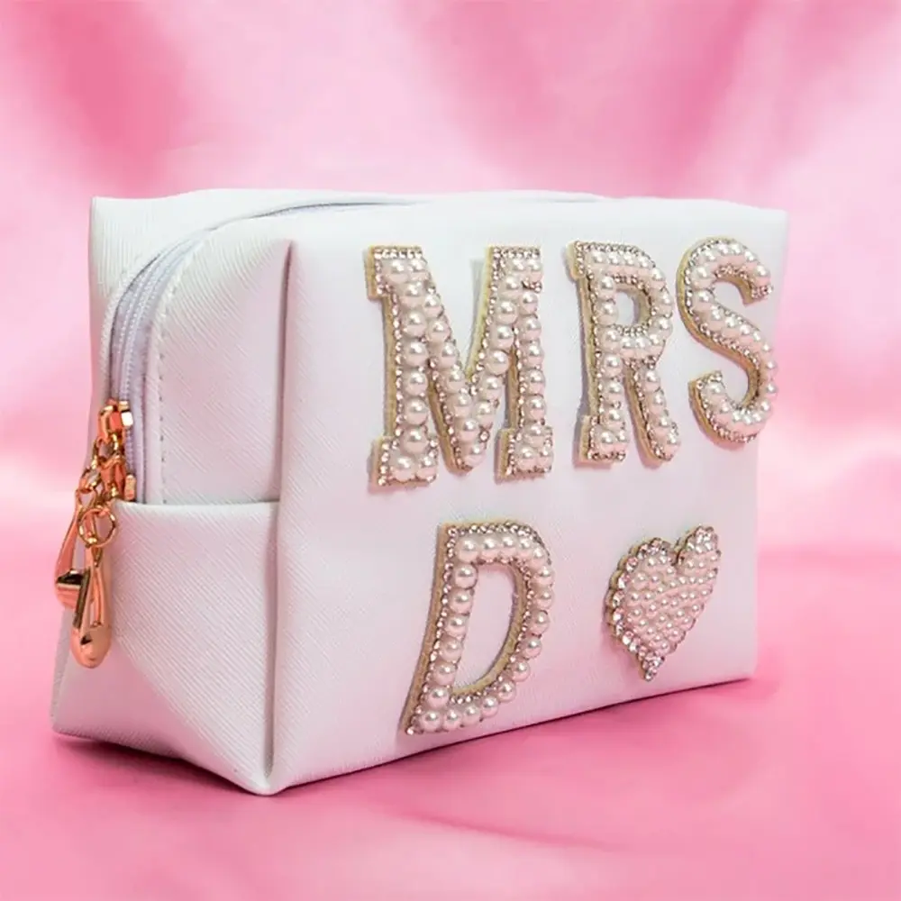 Pearl Initial Mrs A-Z White bag, Clutch bag, Bridal Shower beach destination Wedding engagement Honeymoon Bachelorette hen Party girls trip bride to be future mrs Gift Present