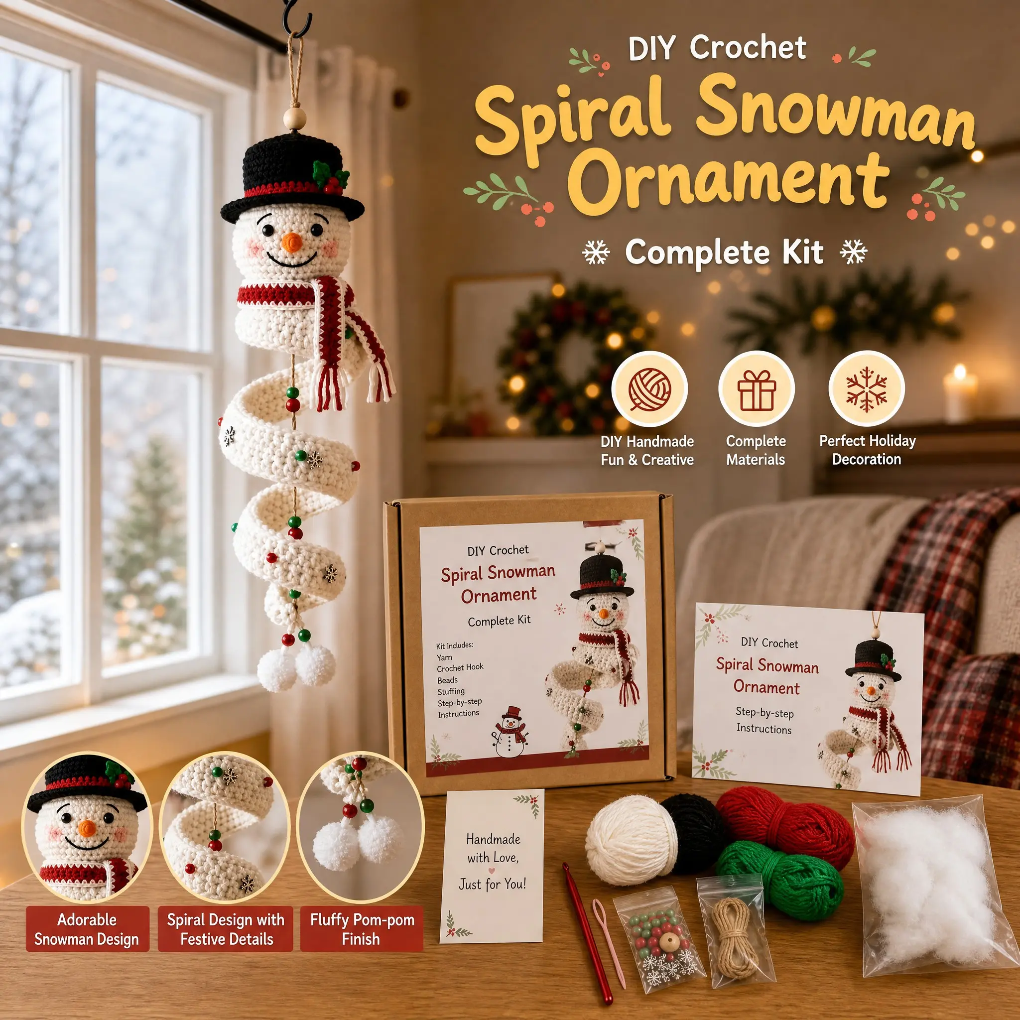 Christmas Crochet DIY Kit, Spiral Snowman Ornament Set, Complete Materials Package, Easy to Make, Perfect for Holiday Crafts