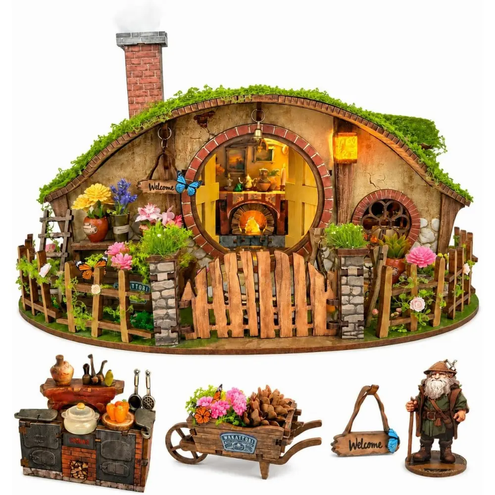 Spilay DIY Miniature Dollhouse Kit for Adults, Wooden Handcraft Mini‑Architecture Building Block Toy Set with Warm Light, Furniture Kit, DIY Crafts, Bookshelf Decor & Creative Gift for Enthusiasts