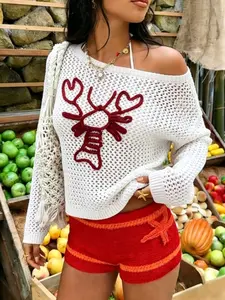 Women's Colorblock Vacation Style Lace Top, Lazy Lobster Pattern Loose Knit Pullover, Casual Summer Outerwear