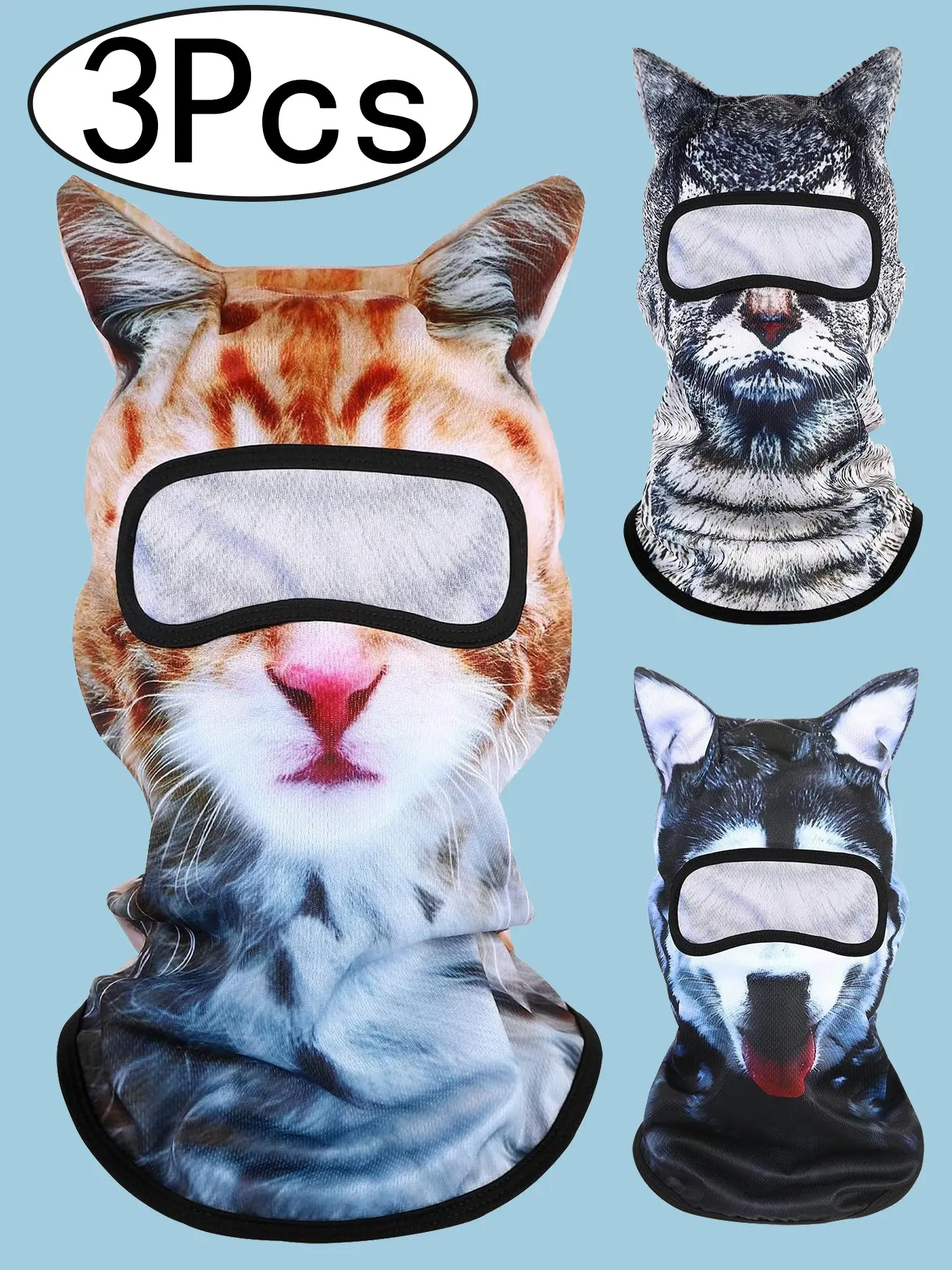 3Pcs Cat Balaclava,Dog Balaclava,Halloween Hat,Cute Full Face Coverage Hood Mask Animal Ski Mask for Hiking Riding Sports Outdoor，3D Stand Ears Animal Balaclava Face Mask for Music Festivals, Raves,  Halloween, Party Outdoor Activities, Versatile Use