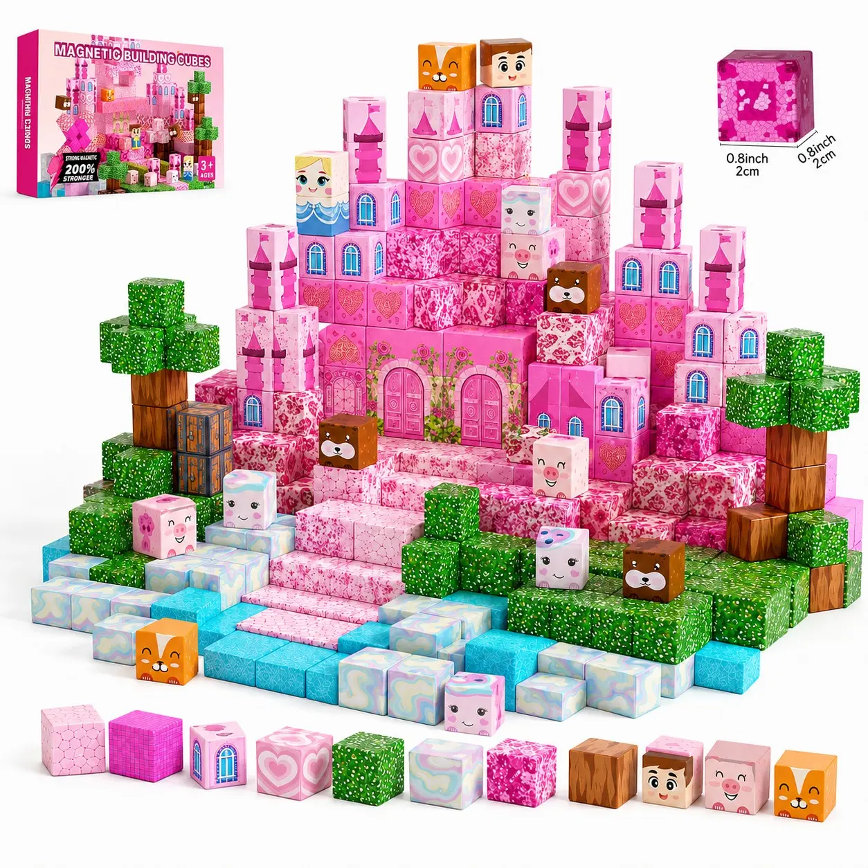 Castle Magnetic Building Blocks Set, Pixel Style Magnetic Cubes, Girl Brain-Boosting Puzzle Toy, Stem Early Education, Safe Washable Outdoor Portable, Ages 3+