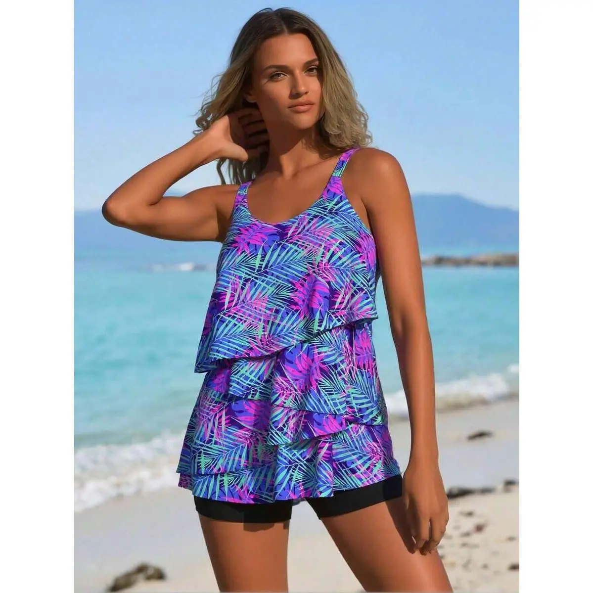 2026 Women's Tropical Tankini: Purple & Pink Palm Print Tiered Ruffle Top And Matching Black Boyleg Shorts