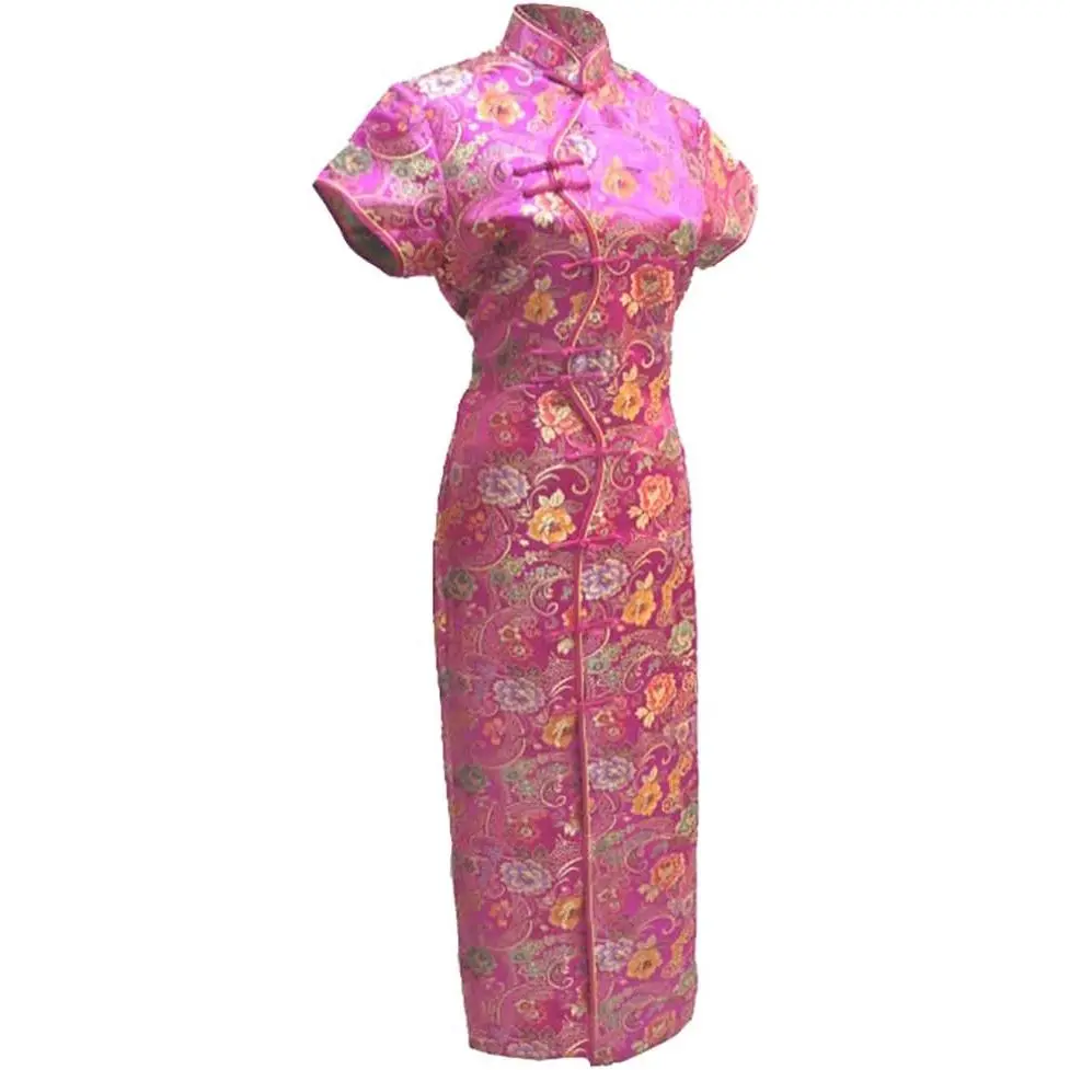 Women's Sexy Rose Red Ten Buttons Long Chinese Dress Cheongsam