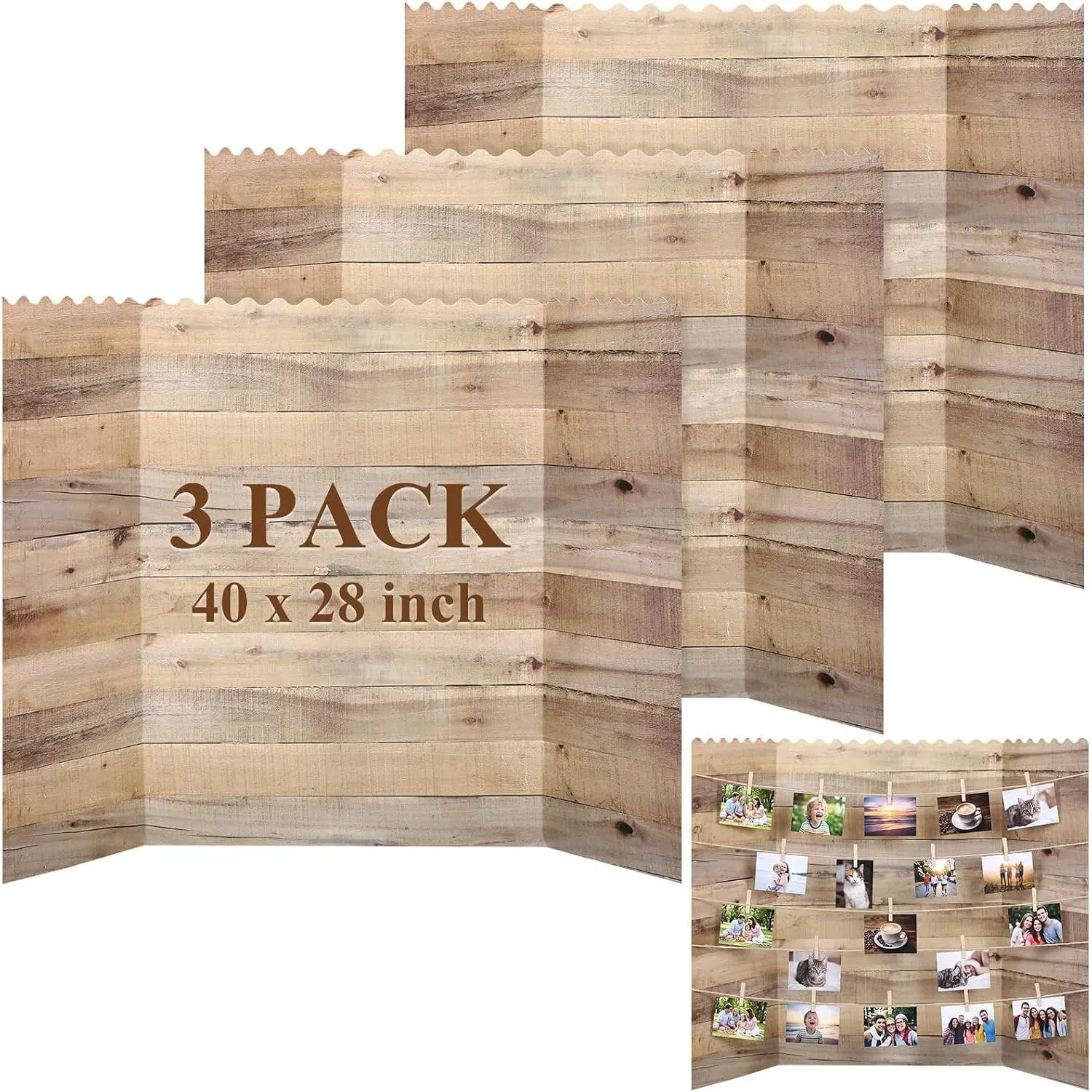 3 Pack 40 x 28 Inch Wood Grain Photo Display Board, Large Tri-fold Corrugated Poster Project Board, Rustic Vintage Style for Wedding Party Home Decoration Display