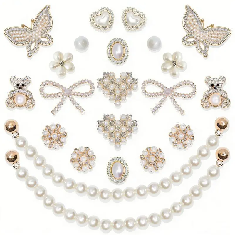 Women's Shiny Pearl-Flower Rhinestone Chain Shoe Charms Set - Footwear Decor Accessories for Slippers, Party Use