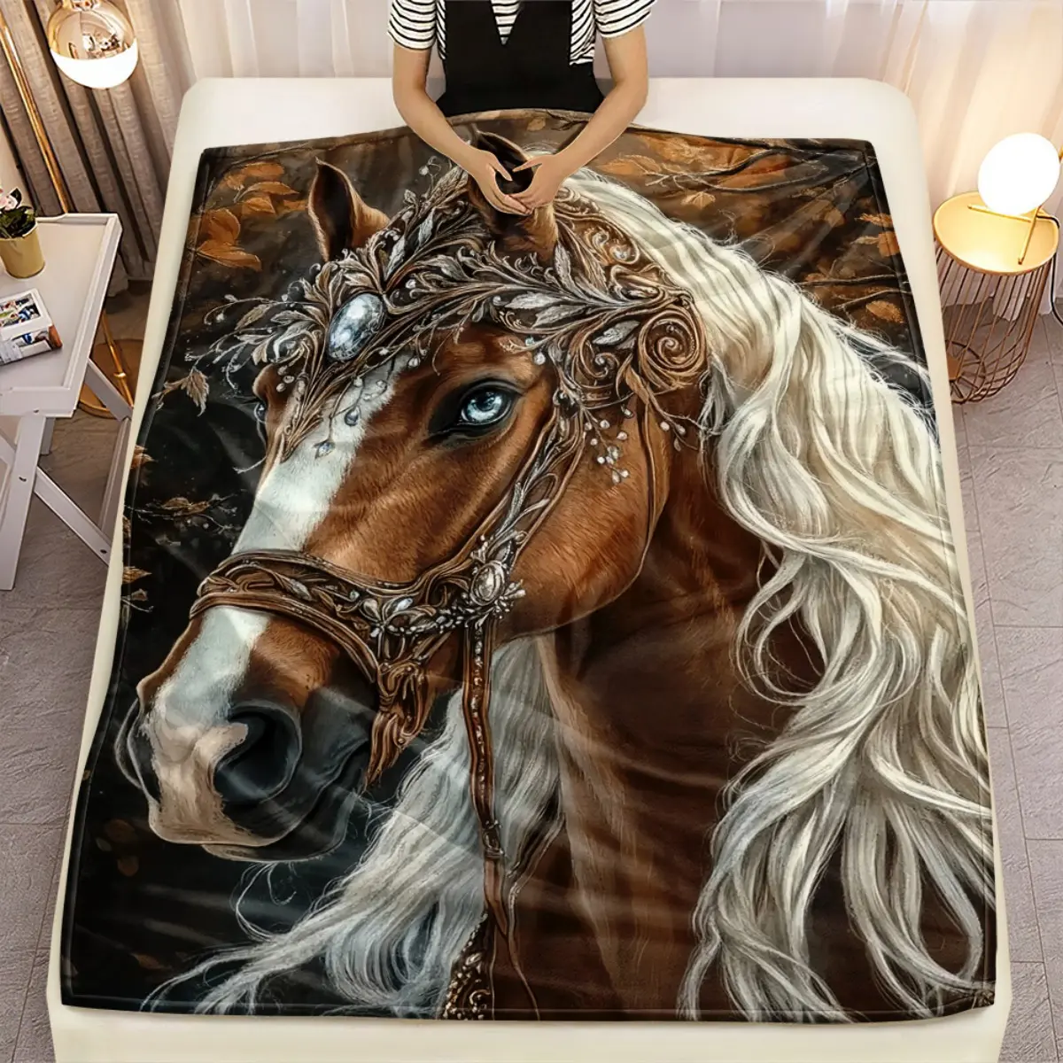 1pc Retro and Gorgeous Horse Blanket-Lightweight Home Furnishings Bedding Blanket 280gsm Suitable for Sofas Beds Travel Camping Living Rooms Offices Sofas Chairs and Beds-Soft and Warm Fabric Digital Printed Blanket