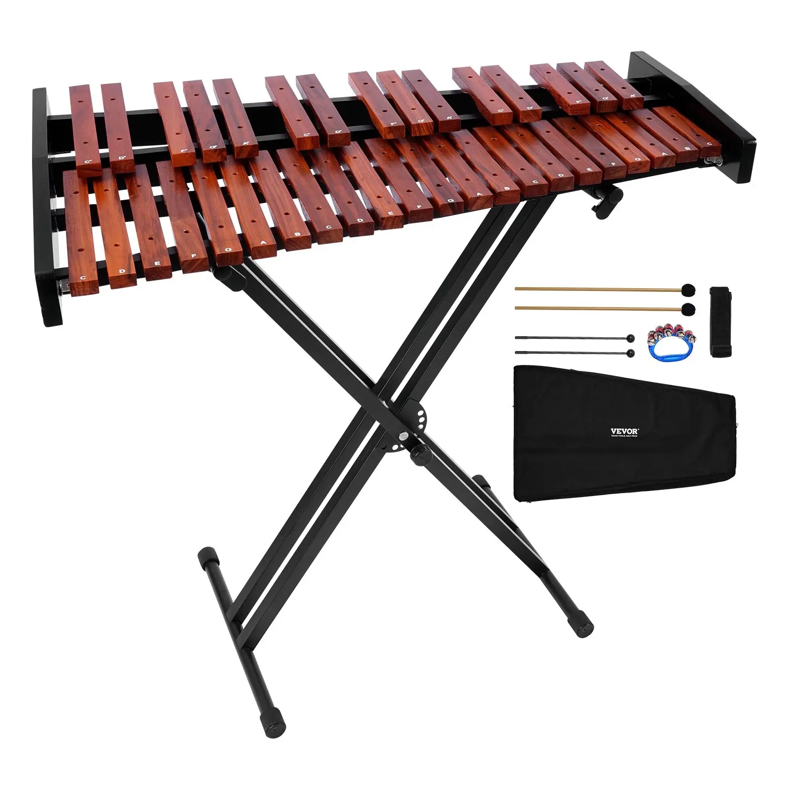 VEVOR 37-Note Wooden Xylophone Glockenspiel, Professional Percussion Instrument Kit with Height-Adjustable Stand, 4 Mallets, Carrying Bag for Beginners (Adults, Kids), Wood, Xylophones