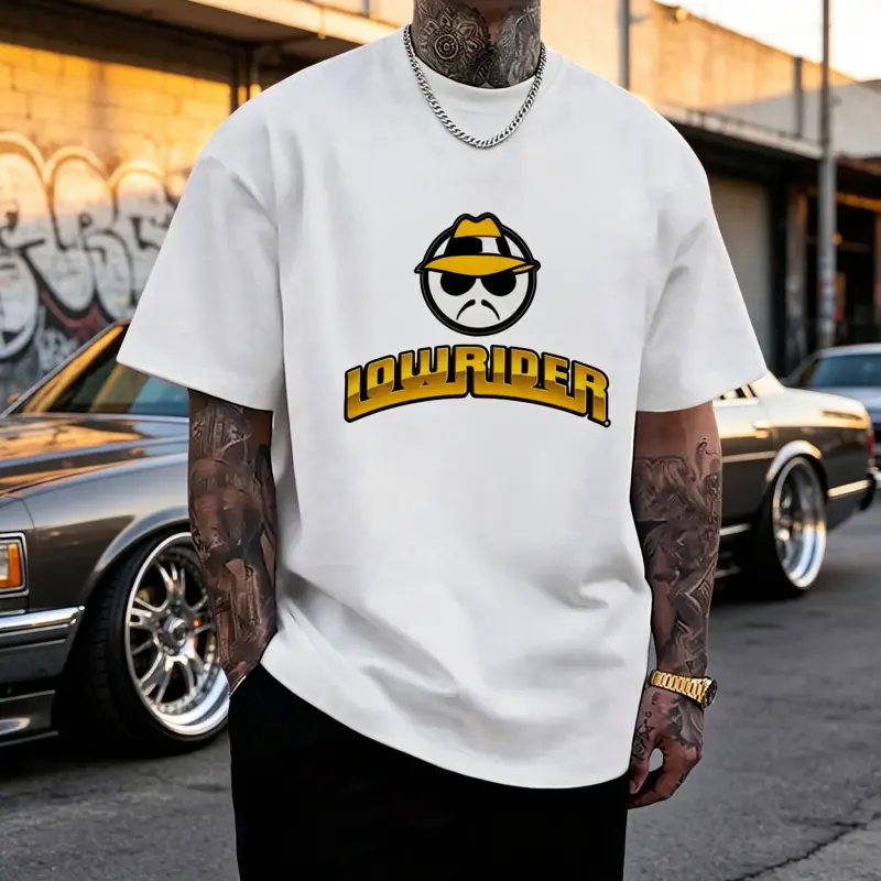 Men'S Lowrider Graphic T-Shirt - Bold Yellow Lettering & Smiling Character Print, Breathable Round Neck Casual Tee for Spring/Summer, Outdoor & Casual Attire - Lowrider Culture Apparel for Adults, Lowrider, Racing Shirt For Men, Car Shirt For Men, ,unisex