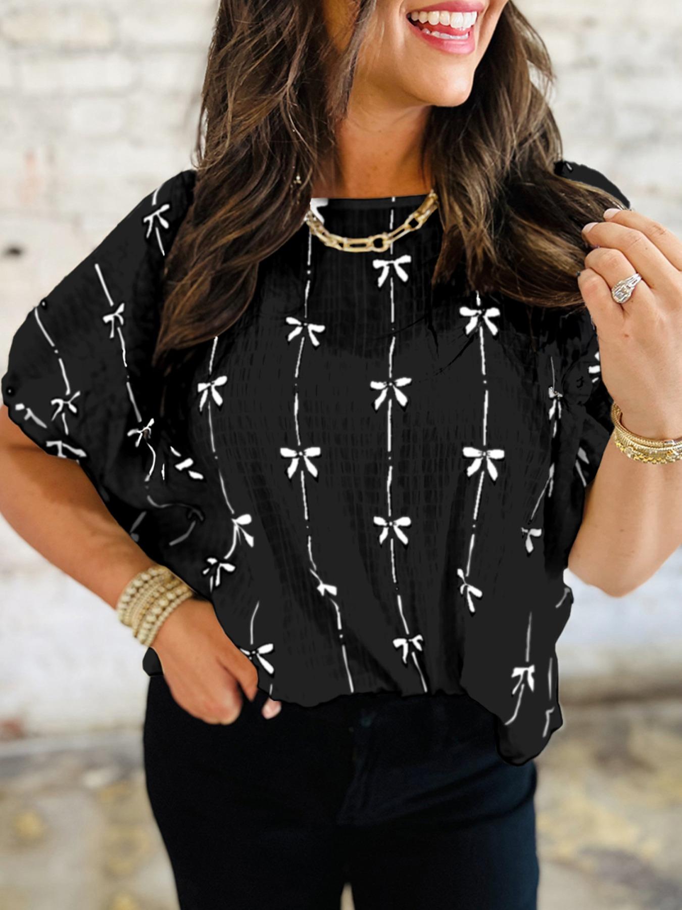 Women's Bow Print Tee, Casual Short Sleeve T-shirt for Daily Wear, Ladies Clothes for All Seasons