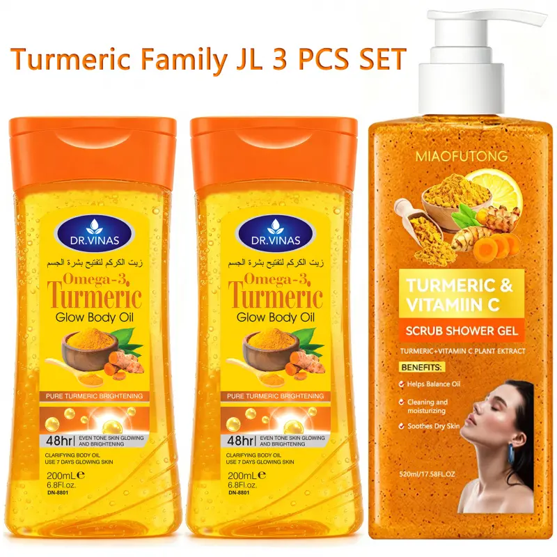 Turmeric Bodycare Set Body Beauty Set 2PCS Body OIL+Shower Gel Body Scrub Deep Cleansing Skincare Oil Moisturizing Hydrating All Seasons Suitable for Body, Face, Hand, Lip, Eye, Travel