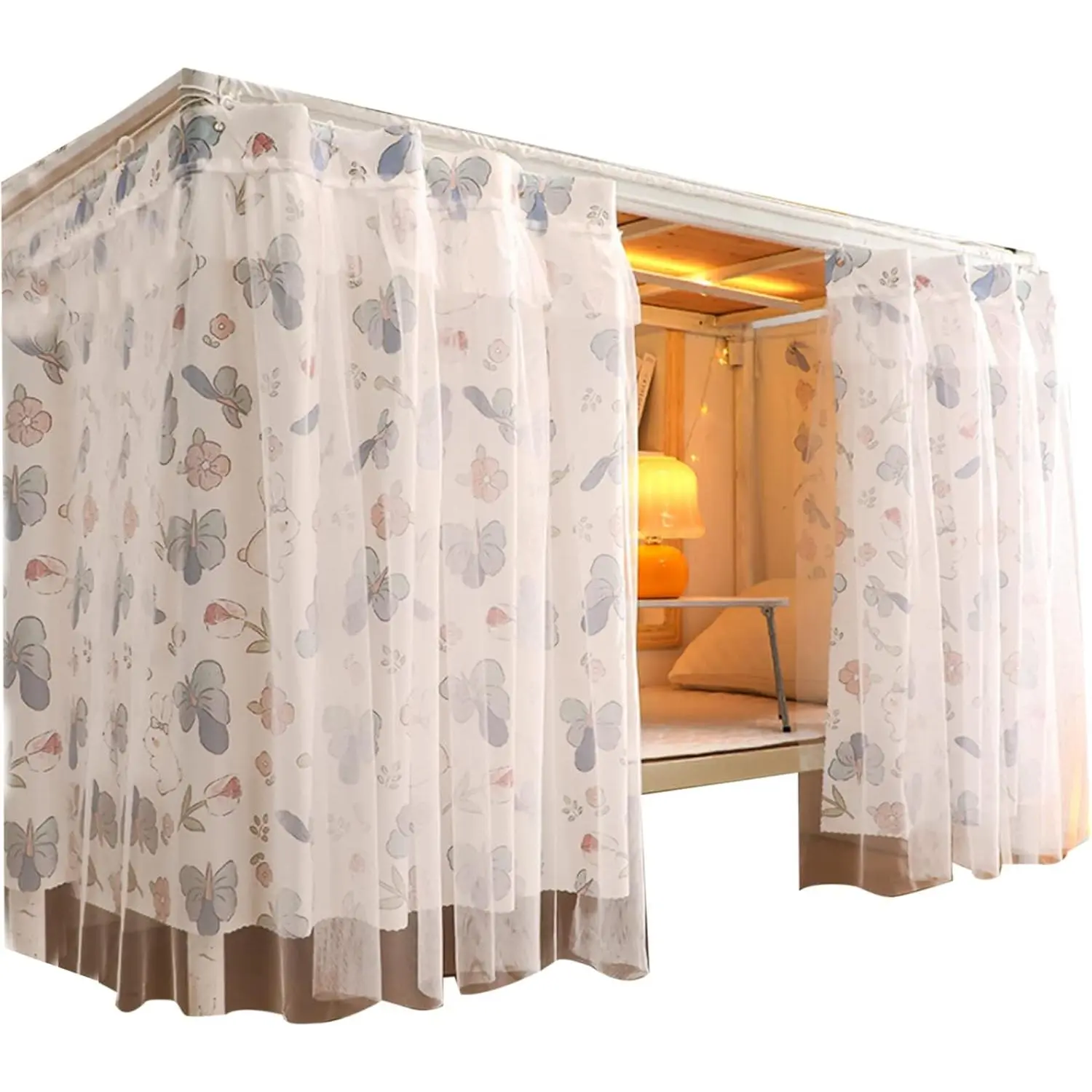Flower Print Gauze Fabric Sheer Weave Privacy Cover Bunk Bed Curtains for Bottom Twin Girls, 2 Panels, White Lace Drapes, Two Panels