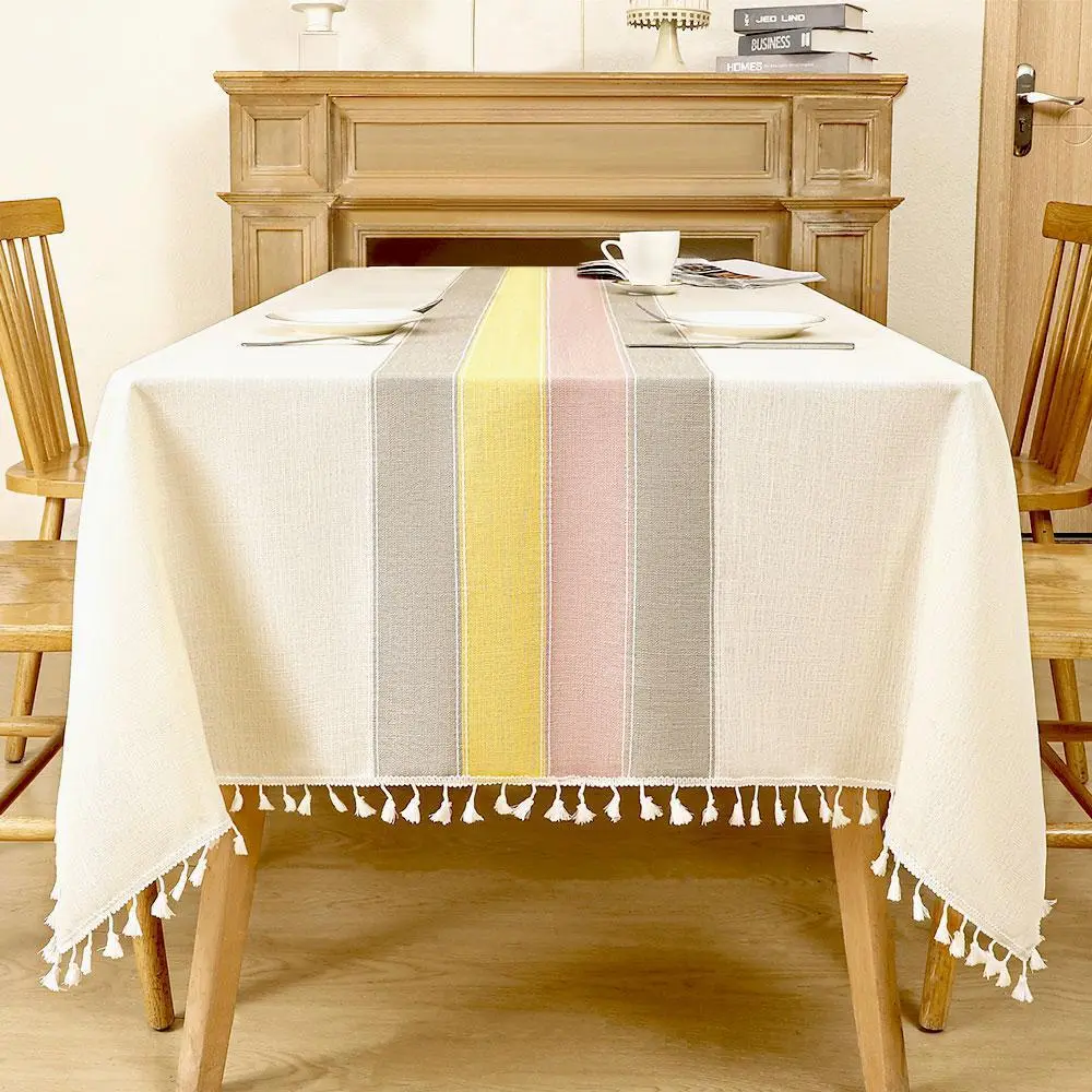 Thick Cotton Linen Tablecloth, Vintage Tassel Edge, Machine Washable & Wrinkle-Resistant, Rustic Farmhouse Decor for Holiday Table, Buffet, Camping - 55x86 Inches