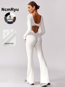 women's high elasticity long sleeved jumpsuit with wide legs and hollow back waist lifting and tight fitting yoga clothes for all seasons golf tennis outdoor running cycling hiking walking gym sports training fashionable and versatile