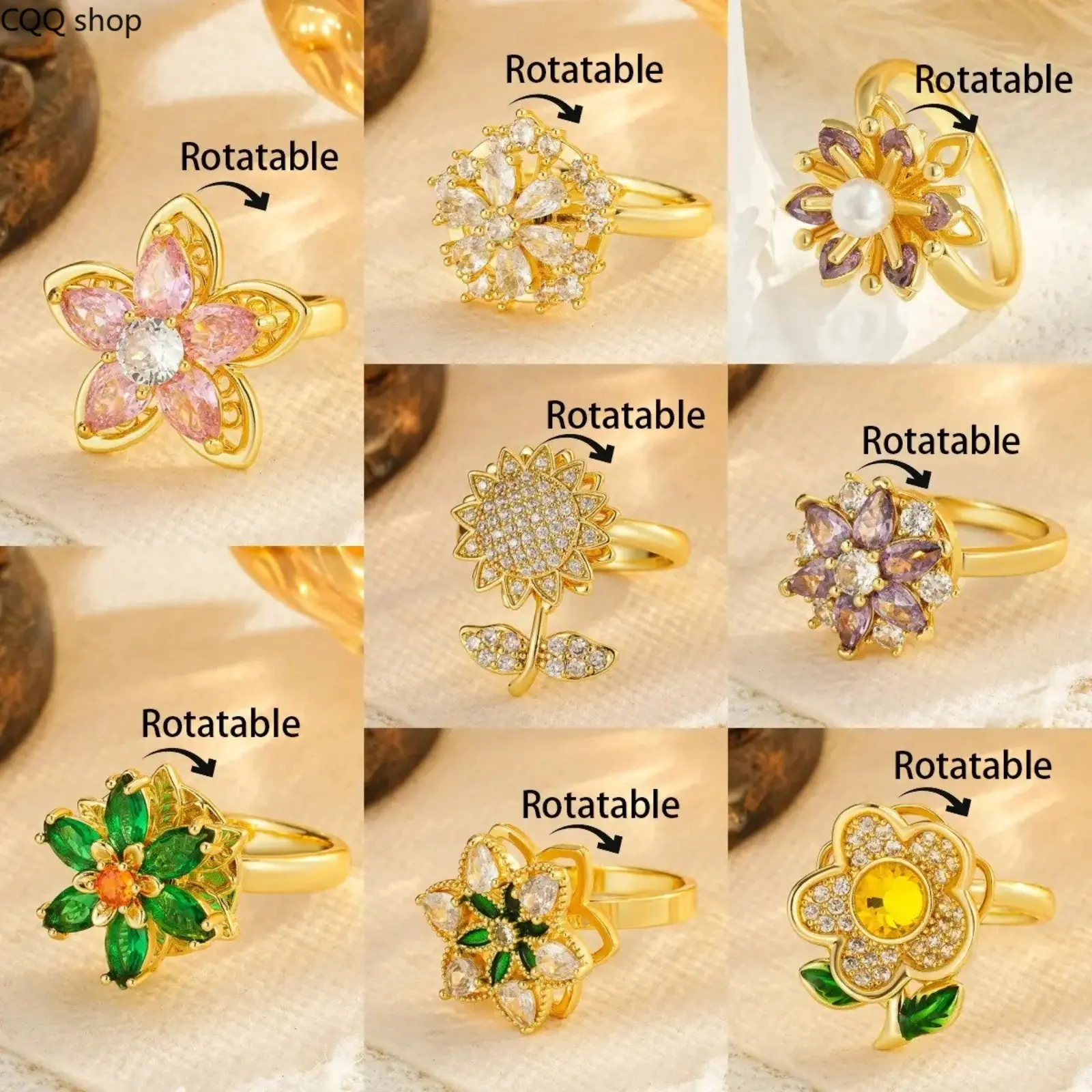 Women's 5G Gold-Plated Cute Flower Rotating Butterfly Ring - Adjustable Cubic Zirconia Spinner, Anti-Anxiety Fidget Jewelry, Light Luxury Open Band for Female Everyday Wear & Gift
