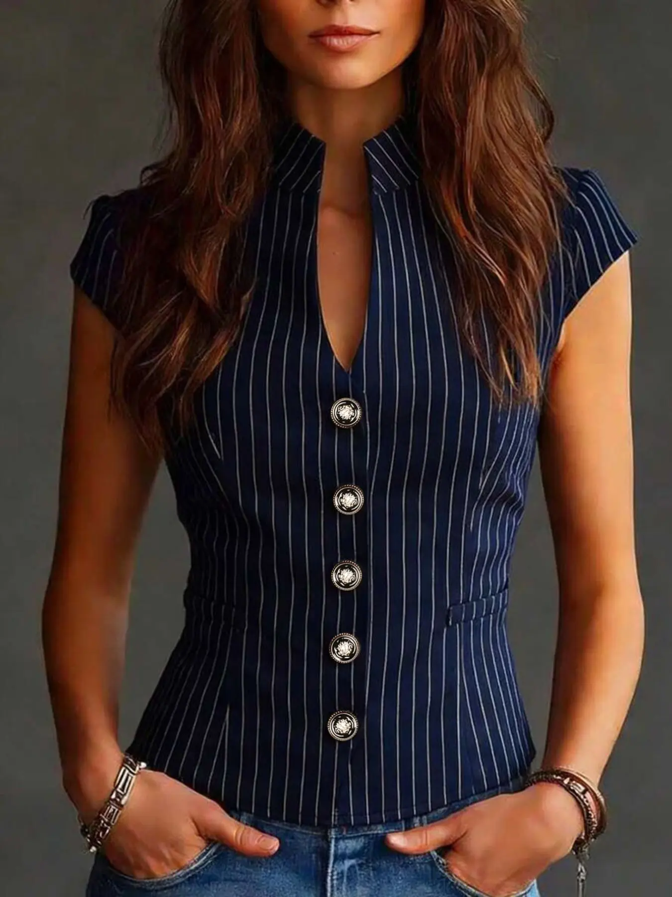 Women's Vintage Chic Navy Striped Stand Collar Short Sleeve Blouse, Slim Fit Waistcoat with Metal Buttons, Casual Office Wear