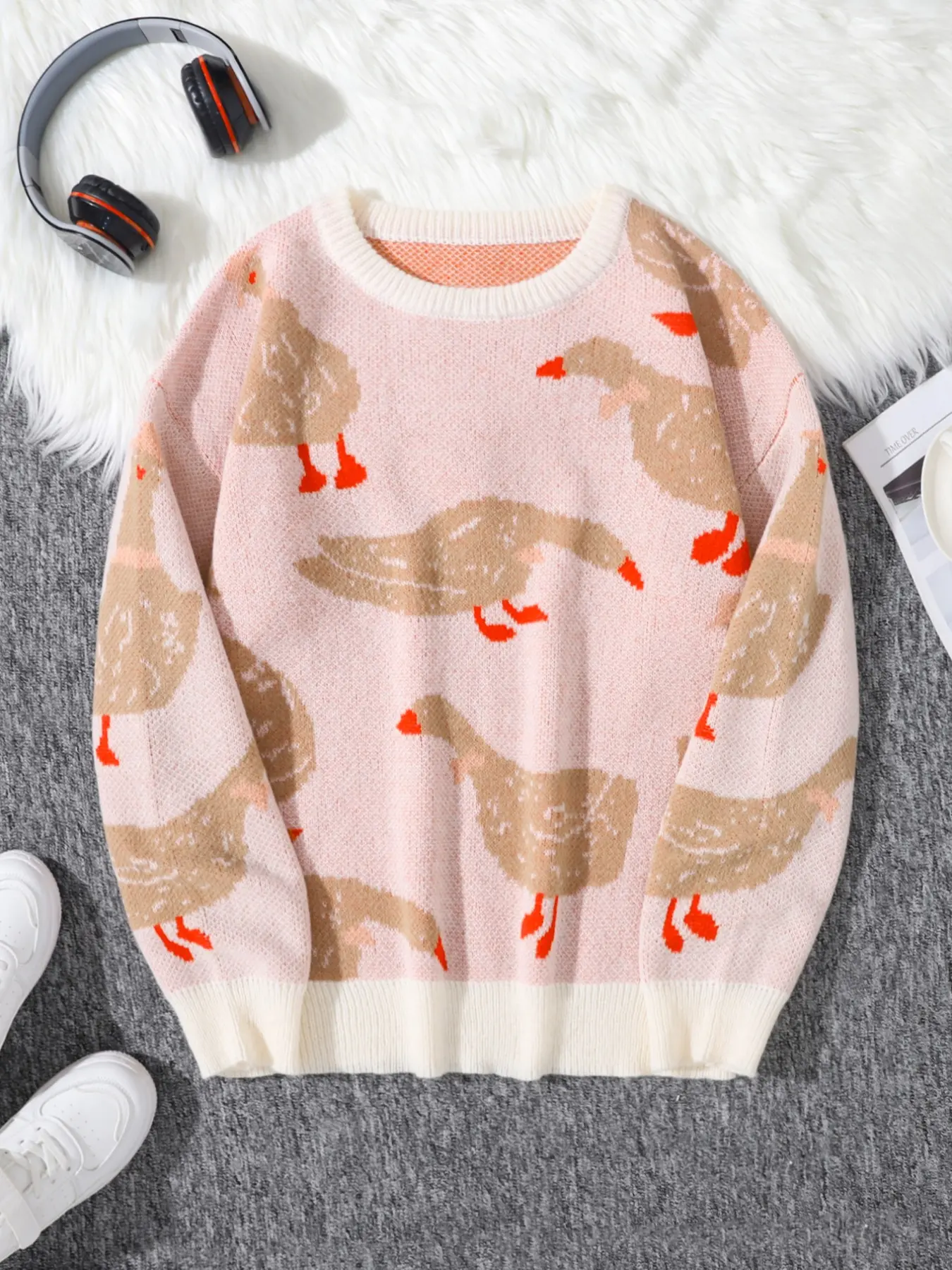 Men's Casual Duck Print Sweater, Contrast Color Knit Long Sleeve Round Neck Pullover, Soft Spring/autumn Regular Fit, Knitwear