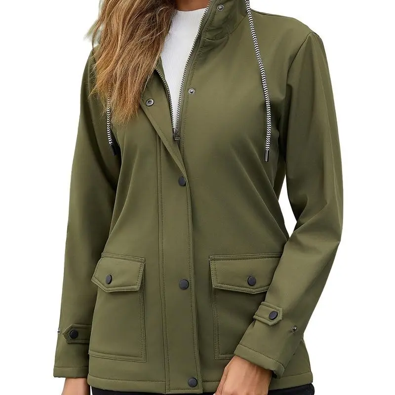 Women's Cozy Windproof Hooded Jacket Zip Long Sleeve Windbreaker, Beige Casual Outdoor Coat with Zippered Pockets, Spring/Fall Lightweight Jacket for Womenswear Travel Windbreaker Black Khaki Green S-XXL