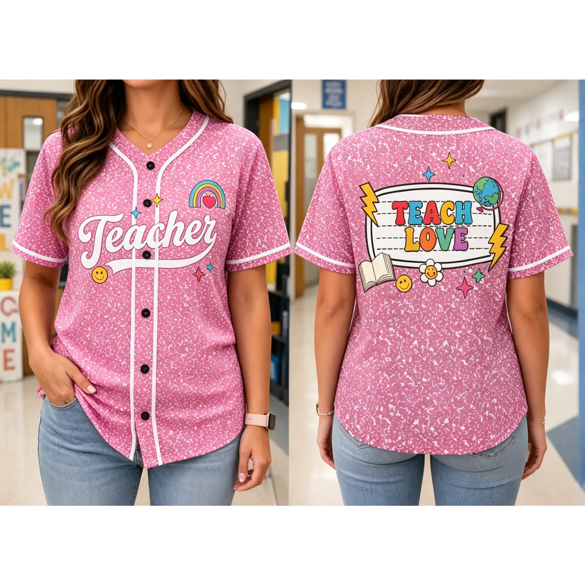 Back to School Baseball Jersey, Colorful Teacher Button Up Shirt, Rainbow Smile Retro Print, Casual Classroom Apparel for Men & Women
