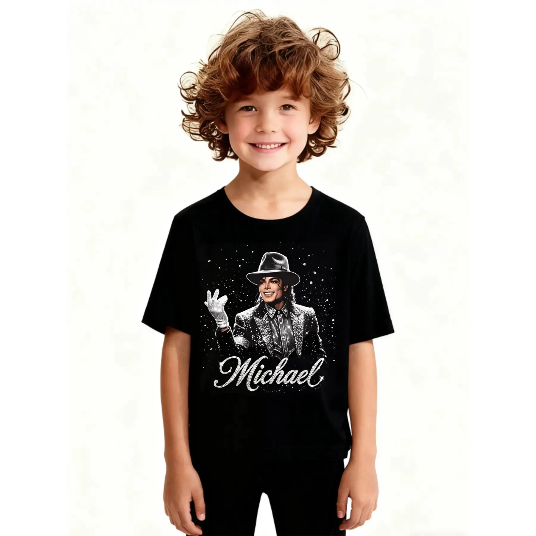 Kids Michael Jackson Graphic Tee - Breathable Sweat-Wick Lightweight Cotton Compression Shirt, Casual Unisex King of Pop Diamond Script Top, Eco-Friendly Print for Daily Outings, MJ Fan Gift