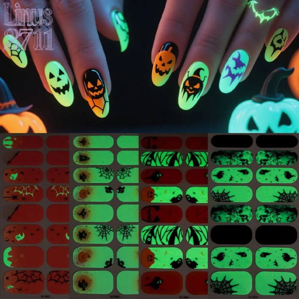 Glow In The Dark Halloween Nail Stickers, Self-adhesive Luminous Nail Art Decals, Pumpkin Ghost Spider Bat Pattern Nail Wraps, Spooky Halloween Party Manicure Decor, DIY Fluorescent Nail Supplies, Cute Scary Festival Nail Accessories for Girls Cosplay