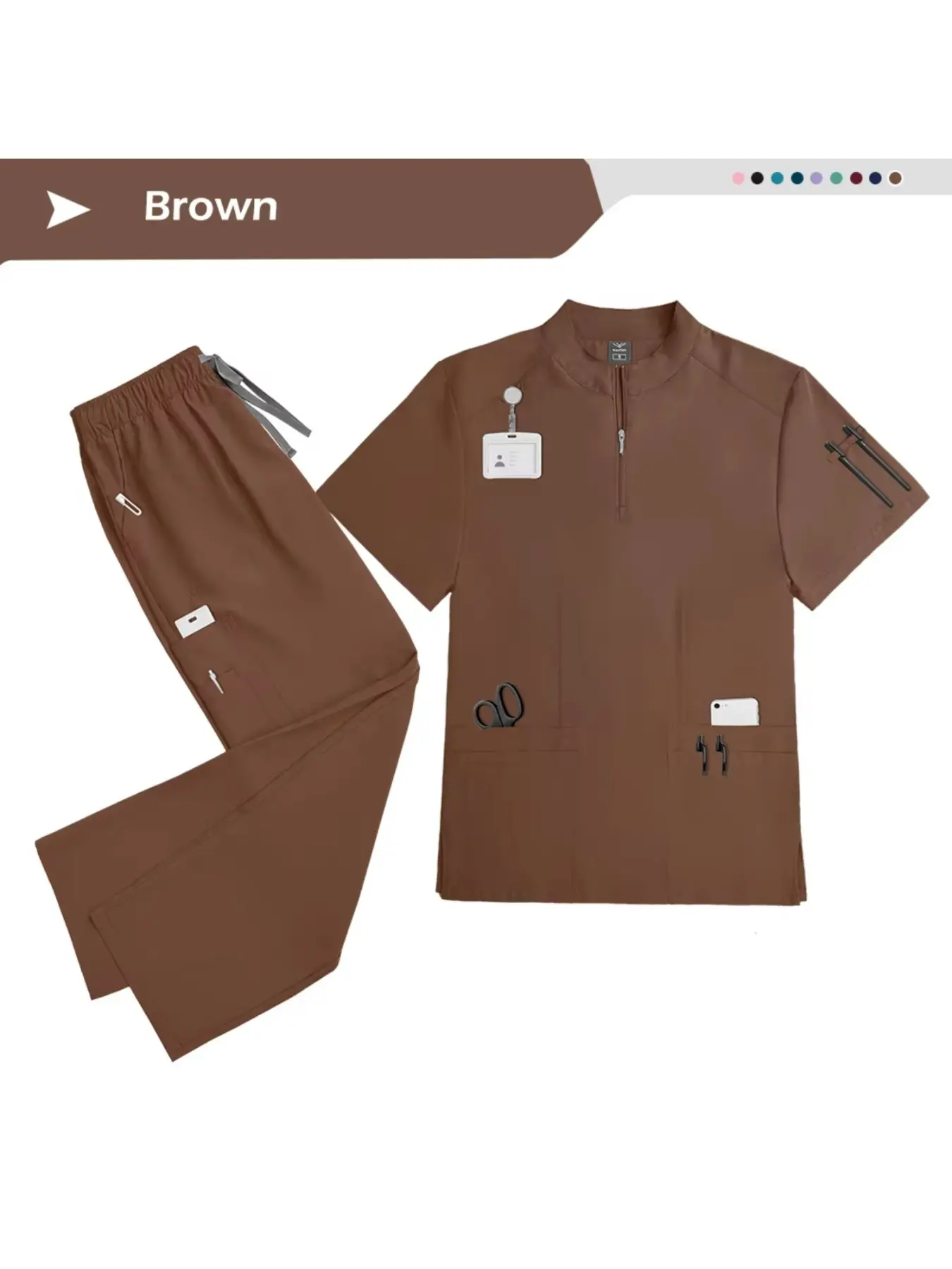Simple Capable Solid Scrub Set Womens Stand Collar Short Sleeve Straight Pants Work Outfit For Outpatient Department Pet Diagnosis Aesthetic Salon Staff Daily Wear Uniforms