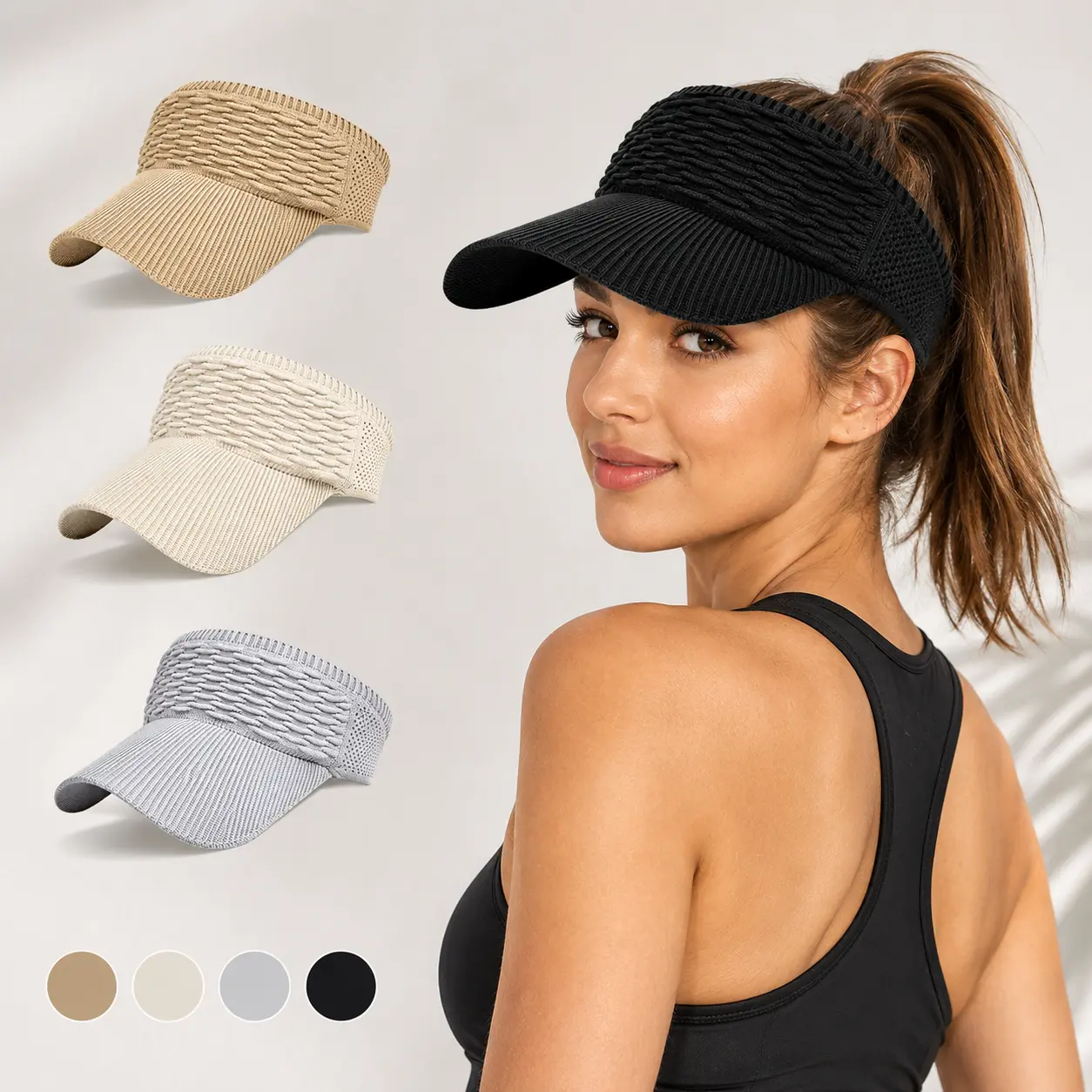 2-Pack Women's Sun Visor Hats, Breathable Wide Brim Open-Top Cap with UV Protection for Outdoor Wear, Running & Hiking, Lightweight Sun Hat, High Ponytail, Beach Hat