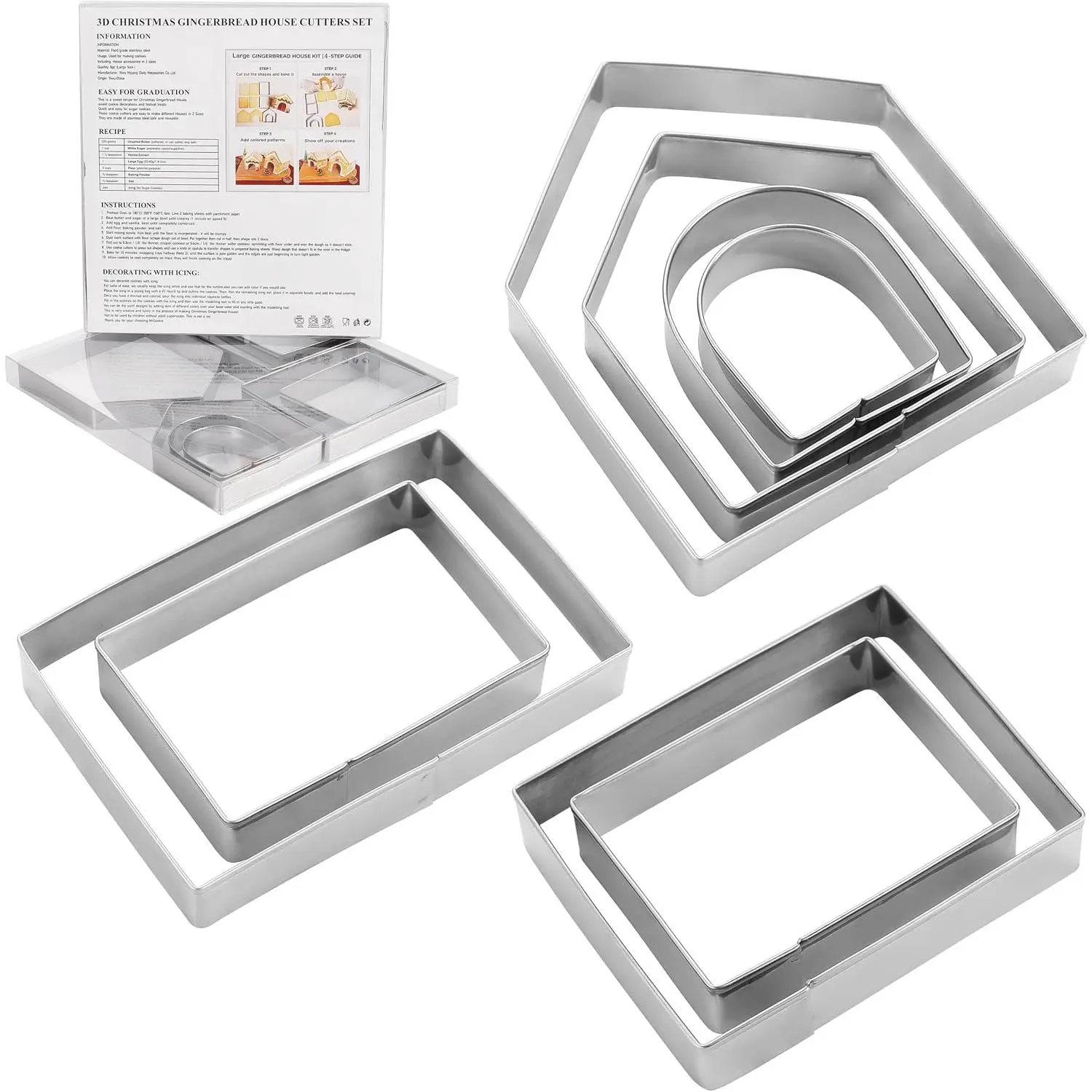 Large Gingerbread House Cookie Cutters,8pc Sturdy Stainless Steel.