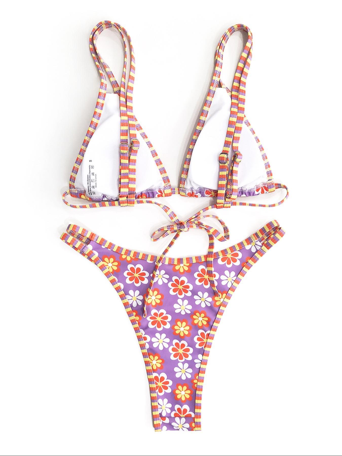 Two-Piece Set Women's Floral Print Bikini Set, Casual Tie Back Swim Top & Swim Bottom Two-piece Swimsuit for Beach Holiday Vacation, Ladies Swimwear for All Seasons