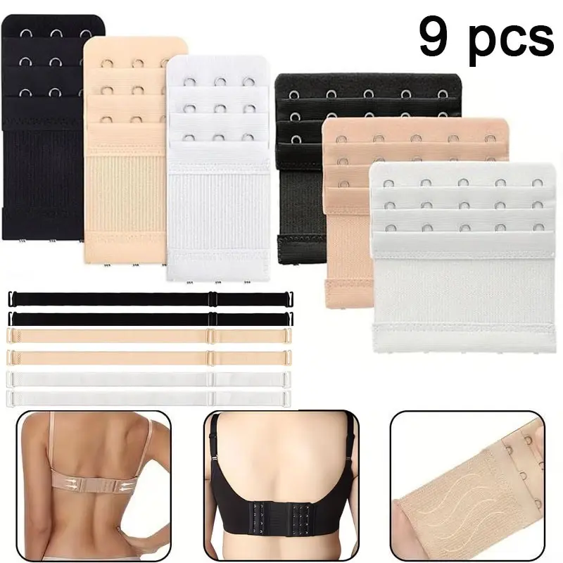 9-Piece Bra Extender Clasp Set, Adjustable Shoulder Straps, Elastic Bra Hooks, Wide Buckle Connectors, Reversible Design