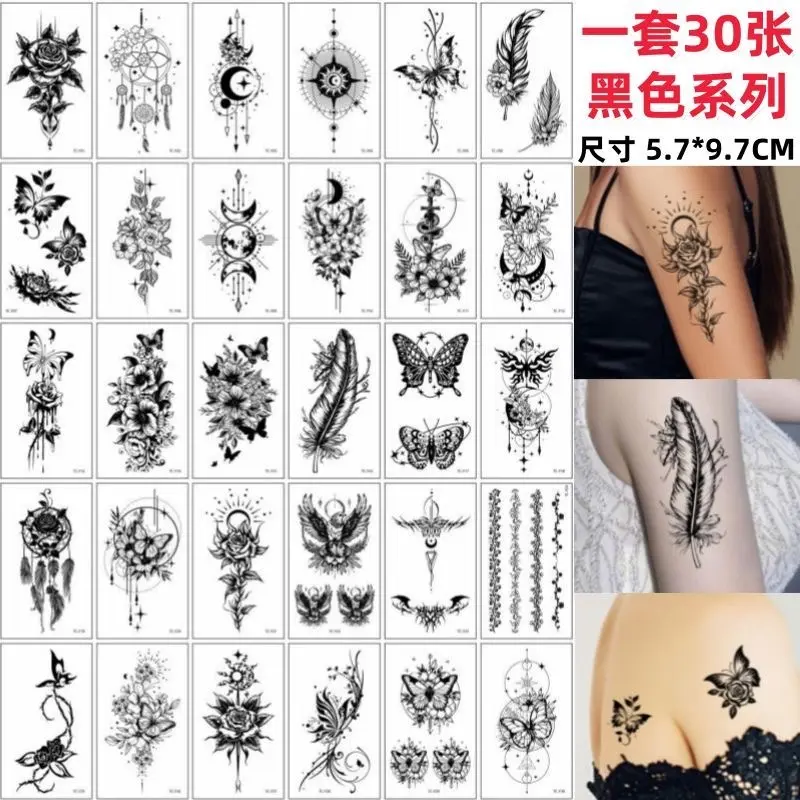 30Pcs Washable Black White Fake Tattoos for Students Kids Men Women, Waterproof Long Lasting Premium Small Stickers with Black Flower Butterfly Patterns