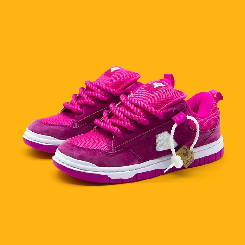 Hot Pink Suede Mesh Panel Skate Sneakers Unisex Chunky Rope Laces Two-Tone Pink White Platform Low Top Y2K Street Casual Board Shoes for Women Men Teens