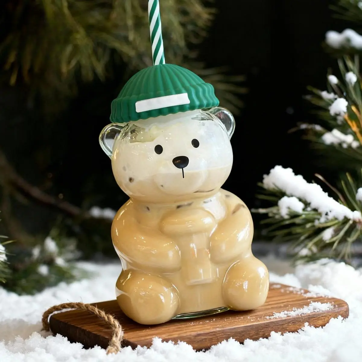 2026 Limited Edition Barista Bear R Green Reusable Drinkware Glass Tumbler, 503 ml, with Straw, Xmas Gift