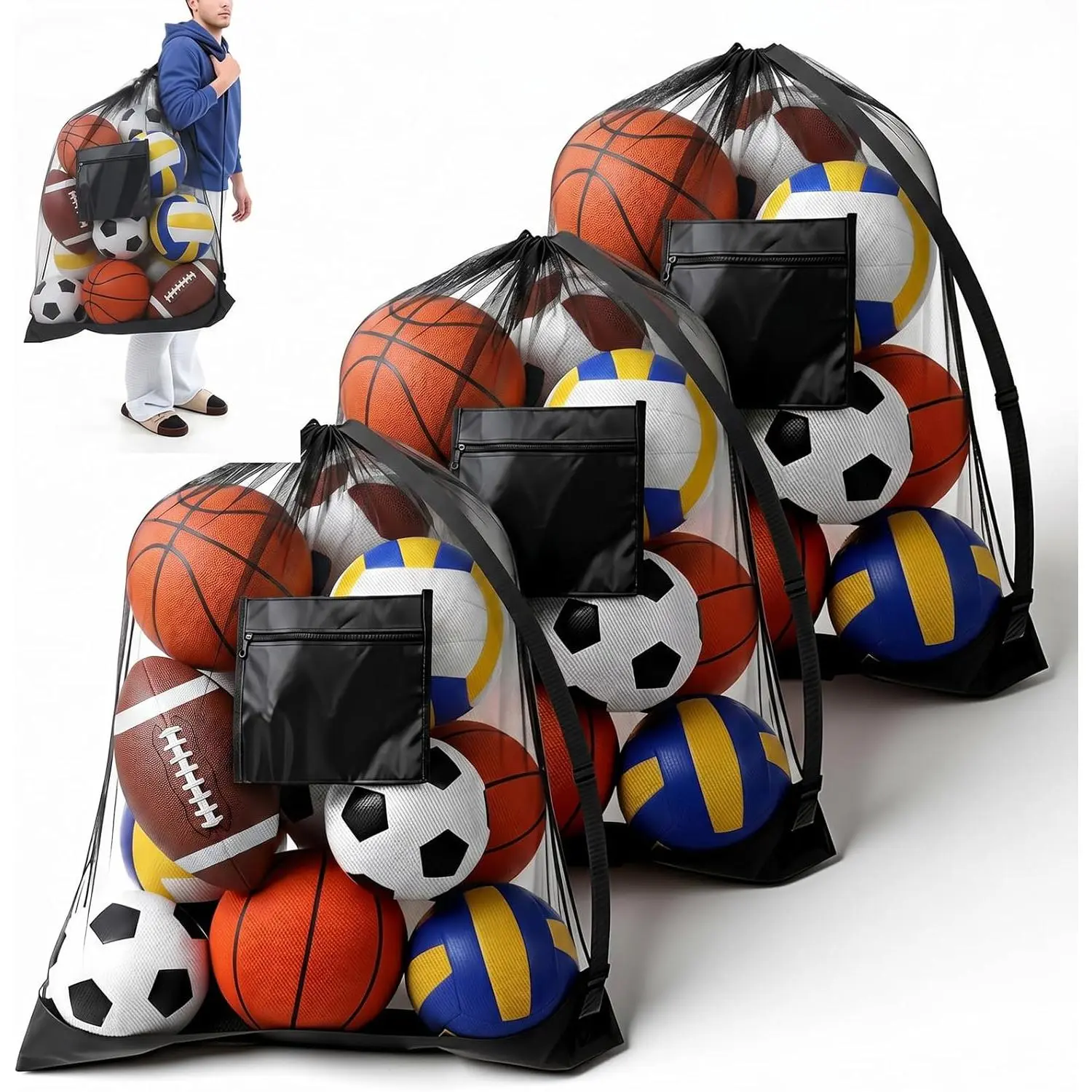 Unisex Heavy Duty Extra Large Mesh Net Sports Ball Bags (3 Pcs, 40x30) - Functional Drawstring Bags with Pocket, Adjustable Strap for Soccer, Basketball, Volleyball, Baseball, Swimming Gear