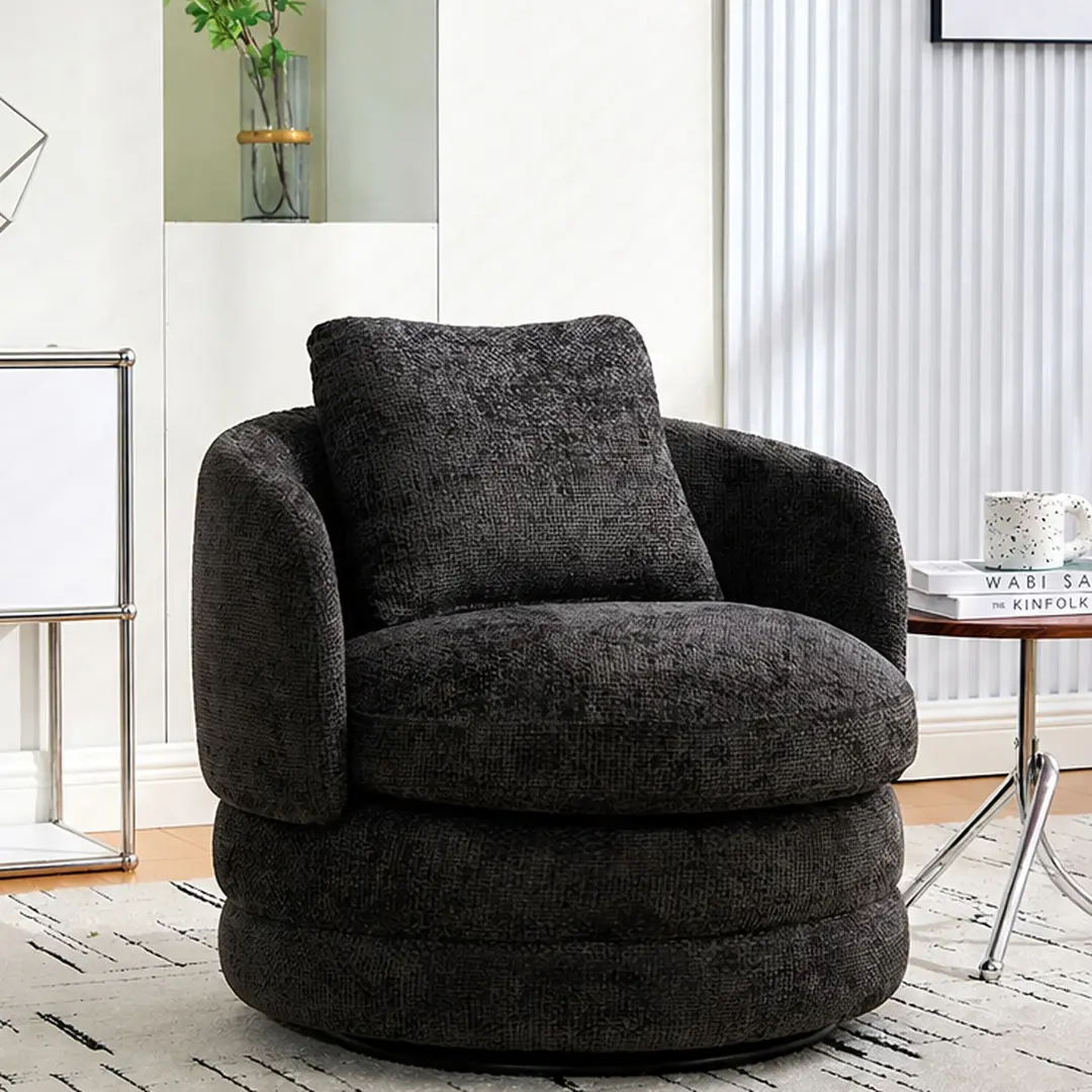 ARCH Modern Chenille Upholstered 360° Rolling Swivel Barrel Chair with Pillow - Versatile Living Room, Reading Nook Indoor Furniture Chair, Dark Gray