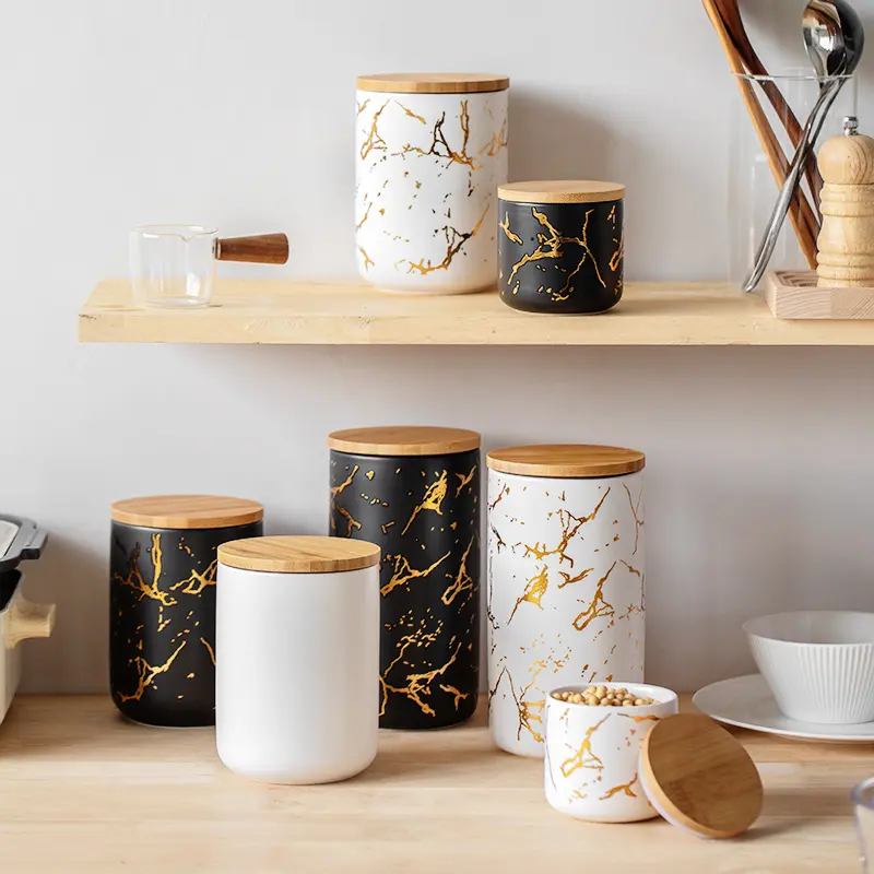 Gold Marble Ceramic Storage Jars with Bamboo Lids - Airtight Canisters for Coffee, Tea, Sugar & Kitchen Pantry Organization