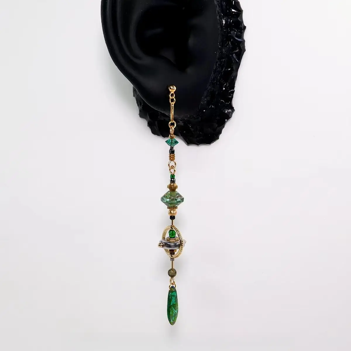 Handmade Industrial Green Saturn Orb Long Dangle Earrings - 9.1cm Lightweight Titanium Alloy Unique Niche Jewelry, Industrial Look, Statement Daily Wear Accessories
