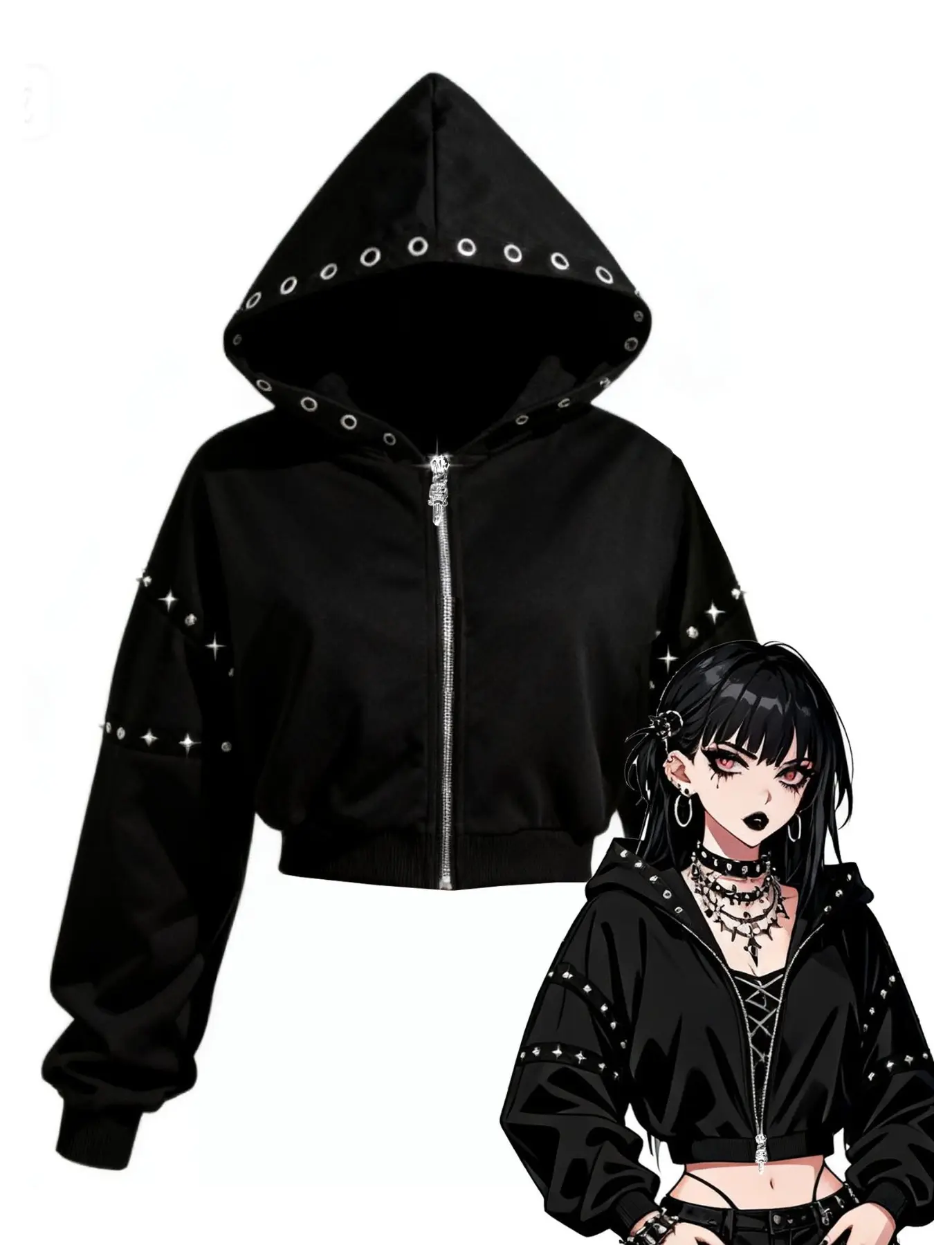 Punk Style Metal Decor Short Fashion Jacket, Women's Hooded Zip-Up Coat, Gothic Party, Streetwear, Music Festival Fashion Item