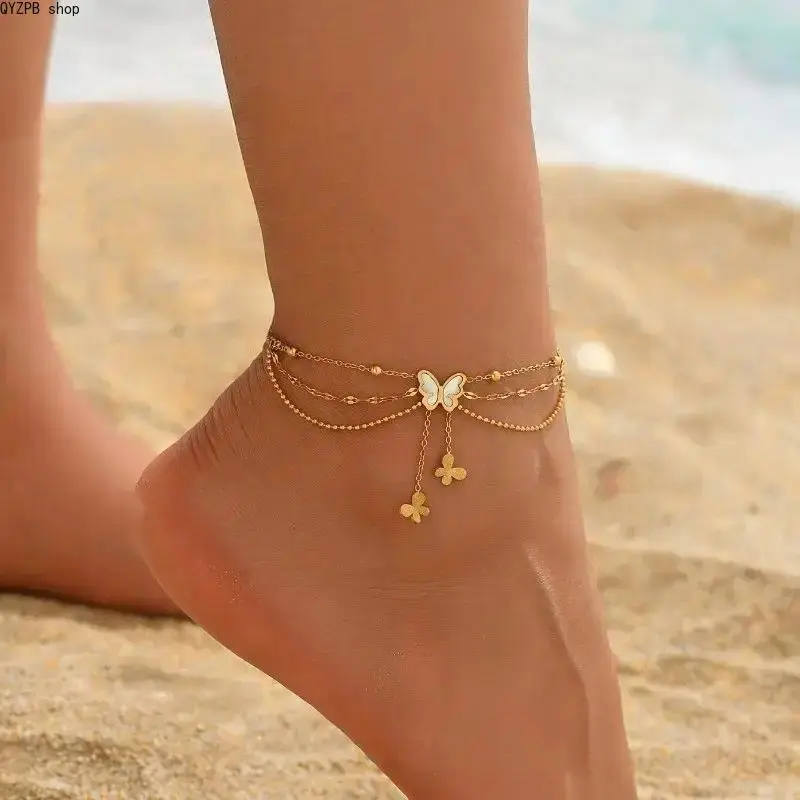Boho Butterfly Layered Tassel Anklet for Women, Titanium Steel Waterproof Beach Jewelry, Y2K Coastal Vacation Ankle Bracelet, Tarnish Resistant Summer Foot Chain for Beach Party, Festival, Resort Wear